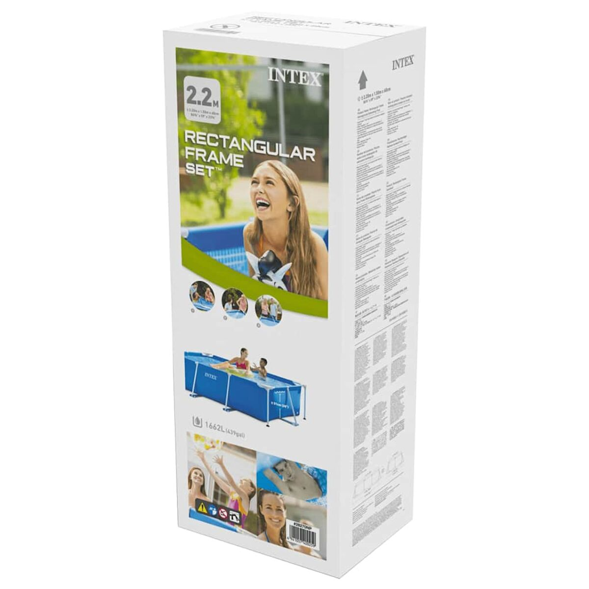 Białe pudełko na basen Intex. Pokazuje uśmiechniętą kobietę, prostokątny basen, ludzi w basenie. Tekst na pudełku: 'Rectangular Frame Set'.