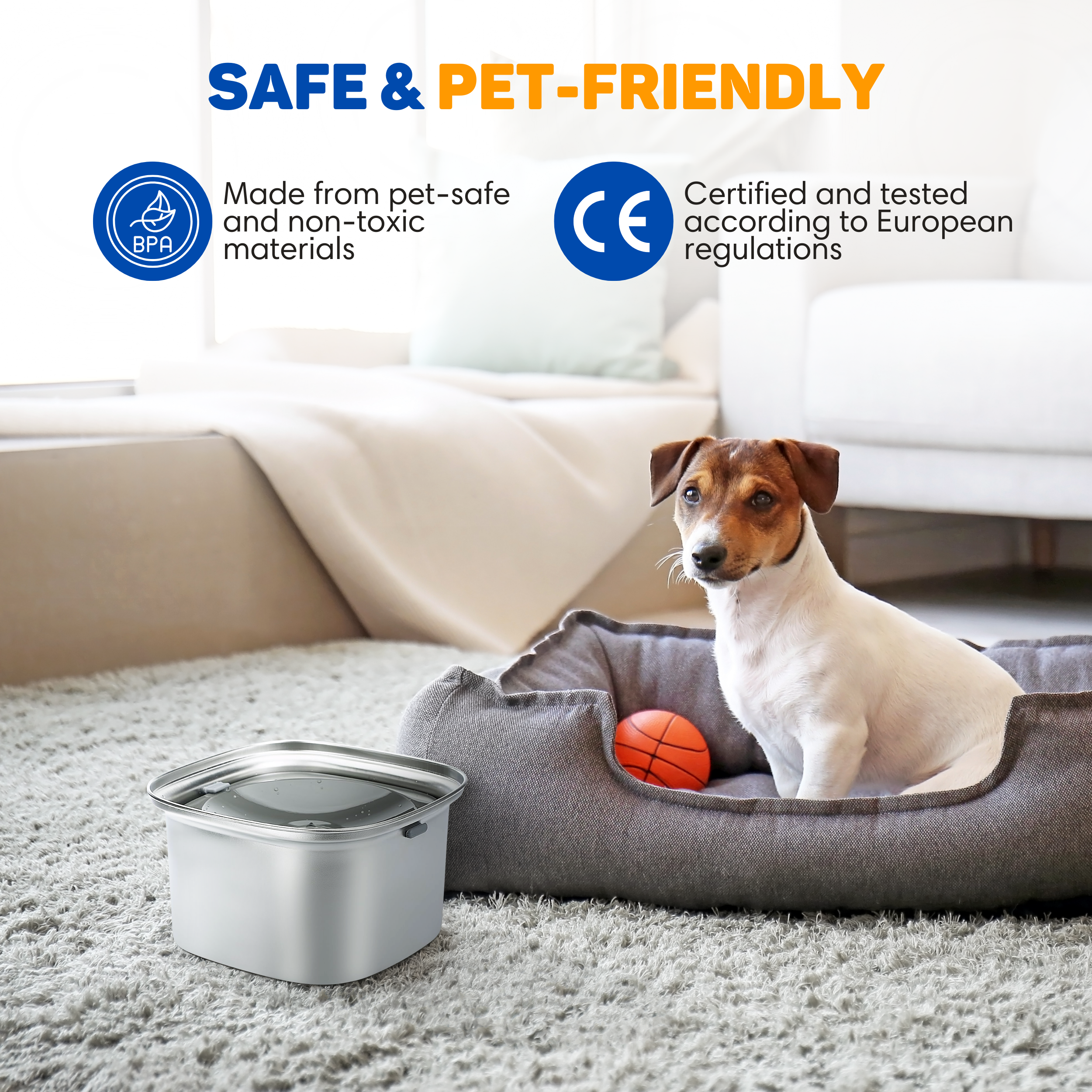 A dog in a bed next to a metallic container. Text says safe and pet-friendly.
