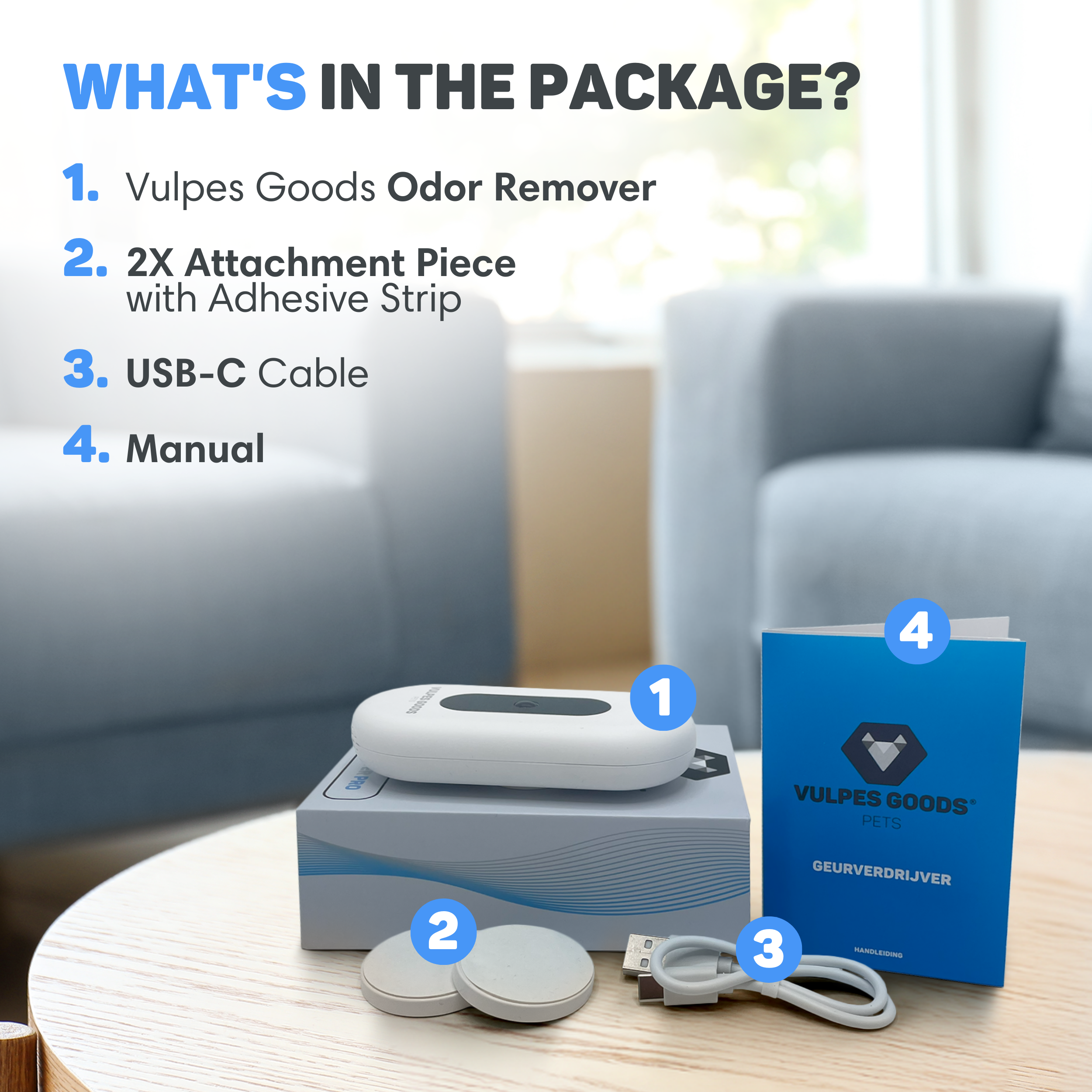 Package contents: Odor remover, 2x attachments, USB-C cable, manual.