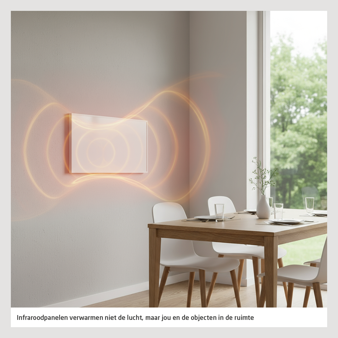 Een eetkamer met een tafel en stoelen. Een verwarming aan de muur, met oranje golvende lijnen. Een raam toont bomen.