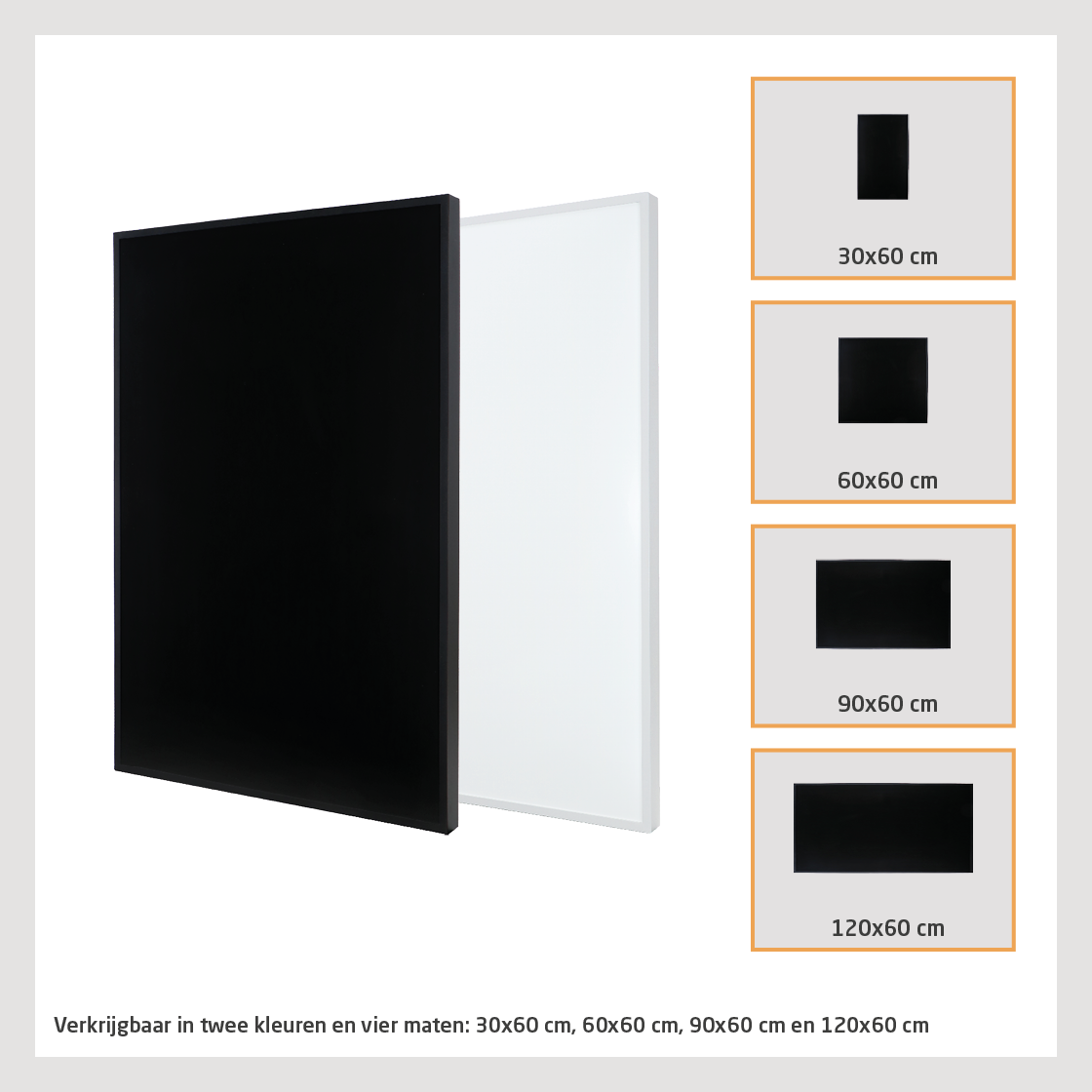 Twee panelen, zwart en wit, met afmetingen: 30x60cm, 60x60cm, 90x60cm en 120x60cm, met Nederlandse tekst eronder.
