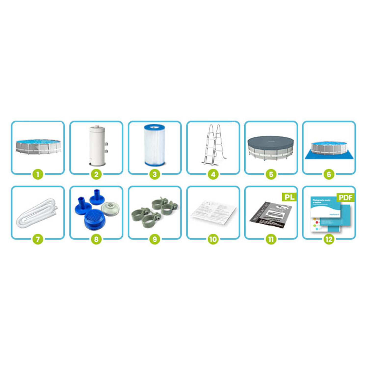 Obraz przedstawia wyposażenie basenowe: basen, filtr, drabina, pokrywa, węże, złączki, zaciski, instrukcje i dokumenty, wszystkie ponumerowane.