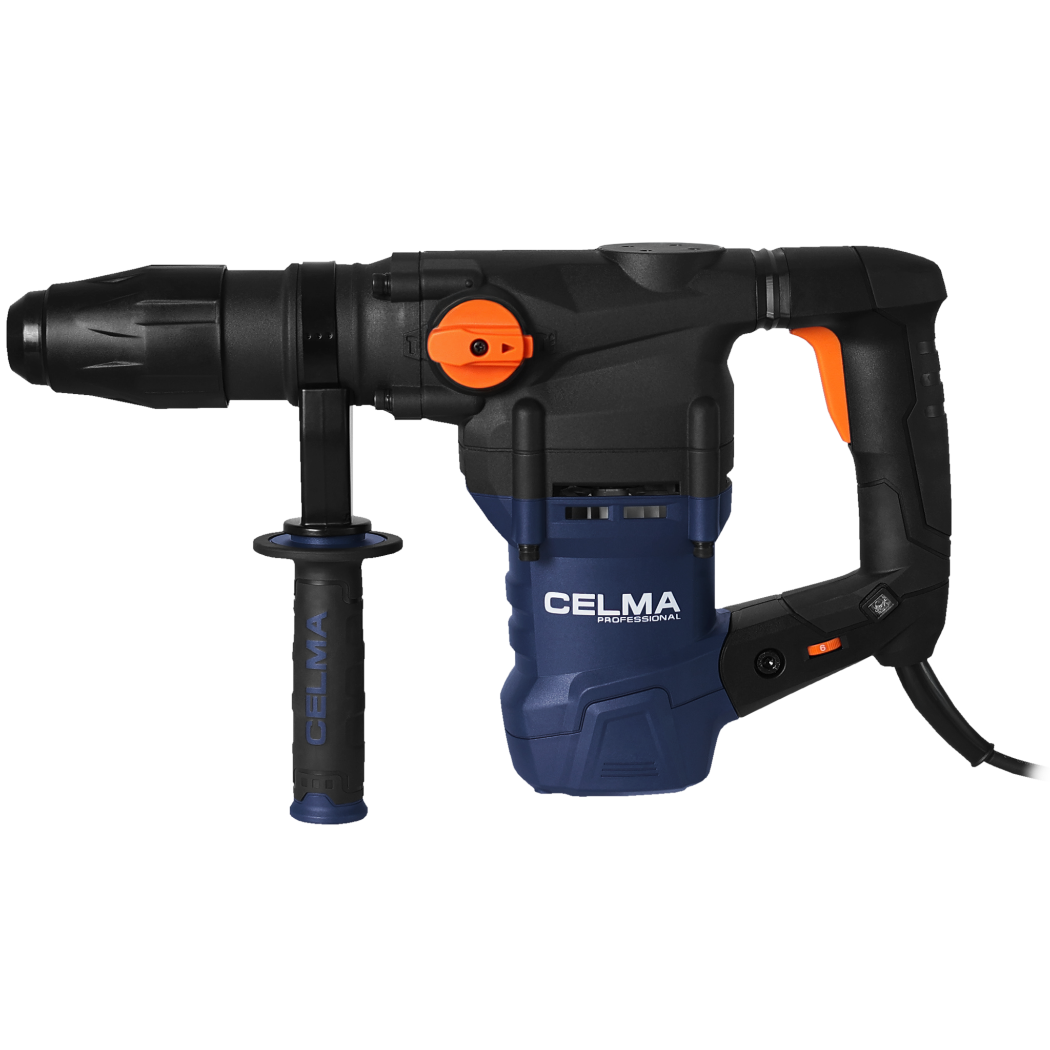Czarno-niebieska profesjonalna wiertarka udarowa CELMA. Ma pomarańczowe akcenty i przewód zasilający.