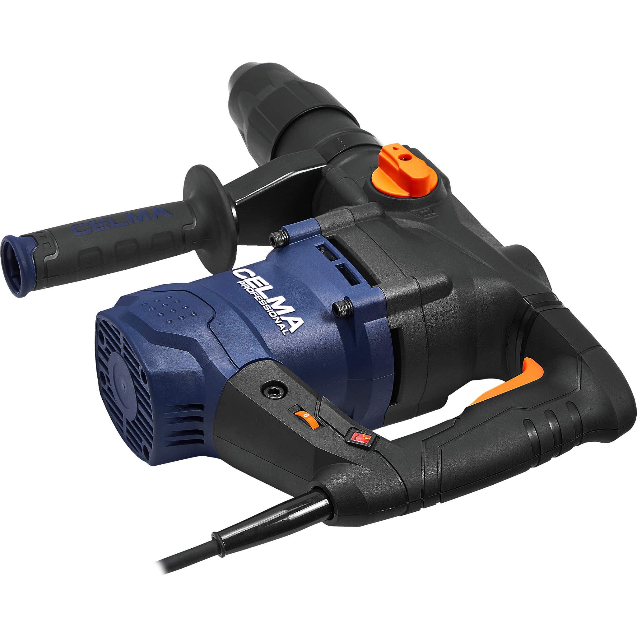 Niebiesko-czarna wiertarka udarowa z pomarańczowymi akcentami. Widnieje na niej marka CELMA.