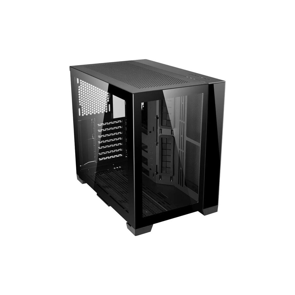Ein schwarzes Computergehäuse mit einer Glasseitenwand. Es hat Lüftungsschlitze und eine rechteckige Form. Der Hintergrund ist weiß.