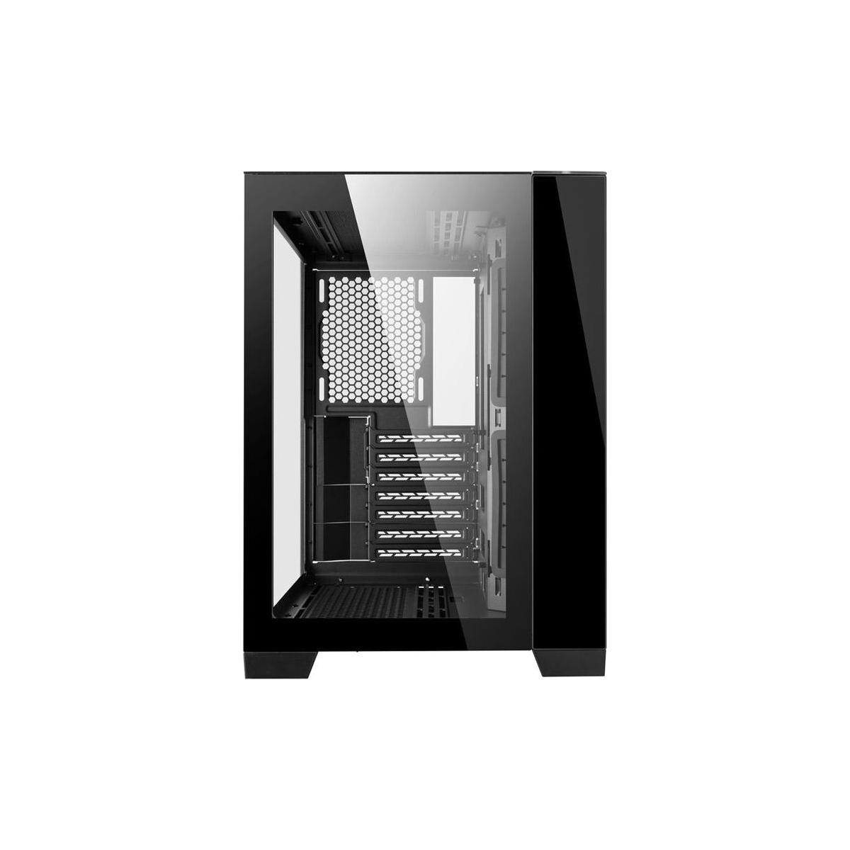 Ein schwarzes Computergehäuse mit einer Glasseitenwand. Das Innere hat mehrere Fächer und einen perforierten Metallabschnitt.