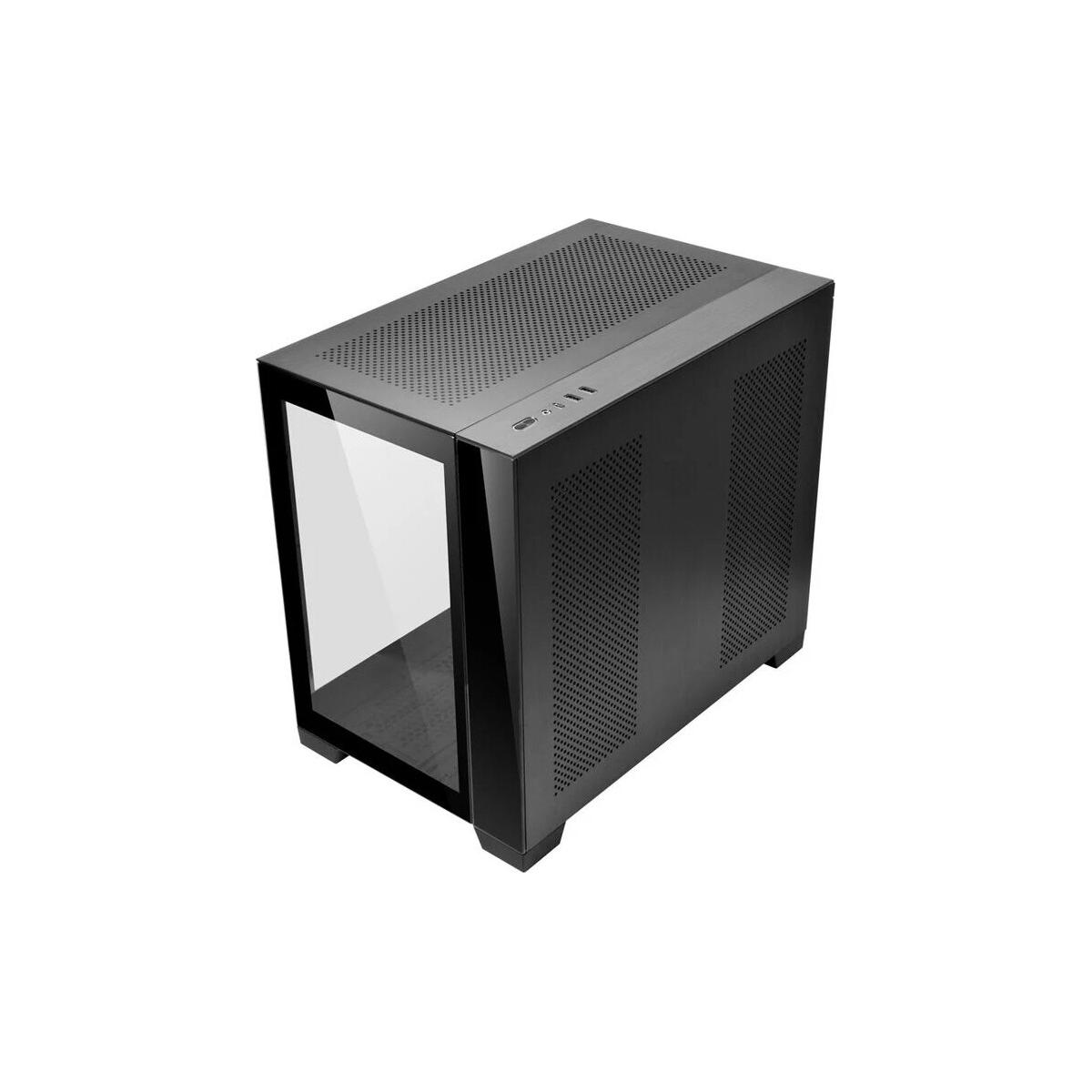 Ein schwarzes Computergehäuse mit einer Glasseitenwand. Es hat eine perforierte Ober- und Seitenwände. Das Gehäuse steht auf weißem Hintergrund.