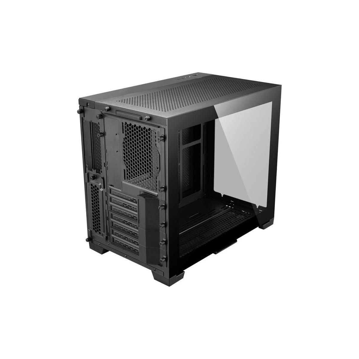 Ein schwarzes Computergehäuse, teilweise transparent, das die innere Struktur zeigt. Es hat eine Mesh-Frontplatte und eine Glas-Seitenplatte.
