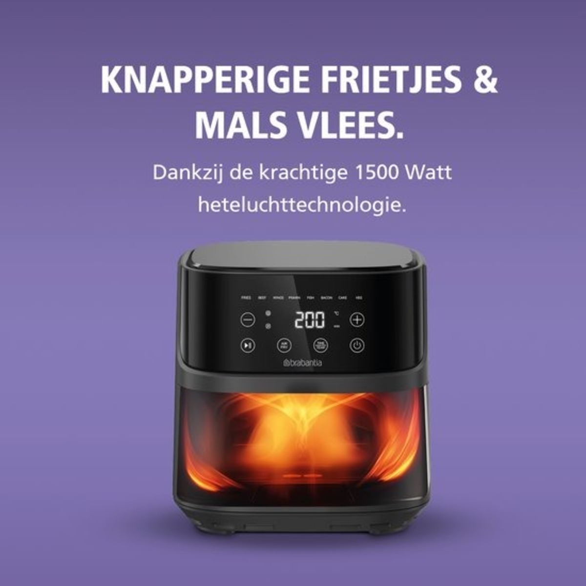 Schwarze Heißluftfritteuse mit Digitalanzeige, die 200 Grad anzeigt. Text sagt: 'Knusprige Pommes & zartes Fleisch'.