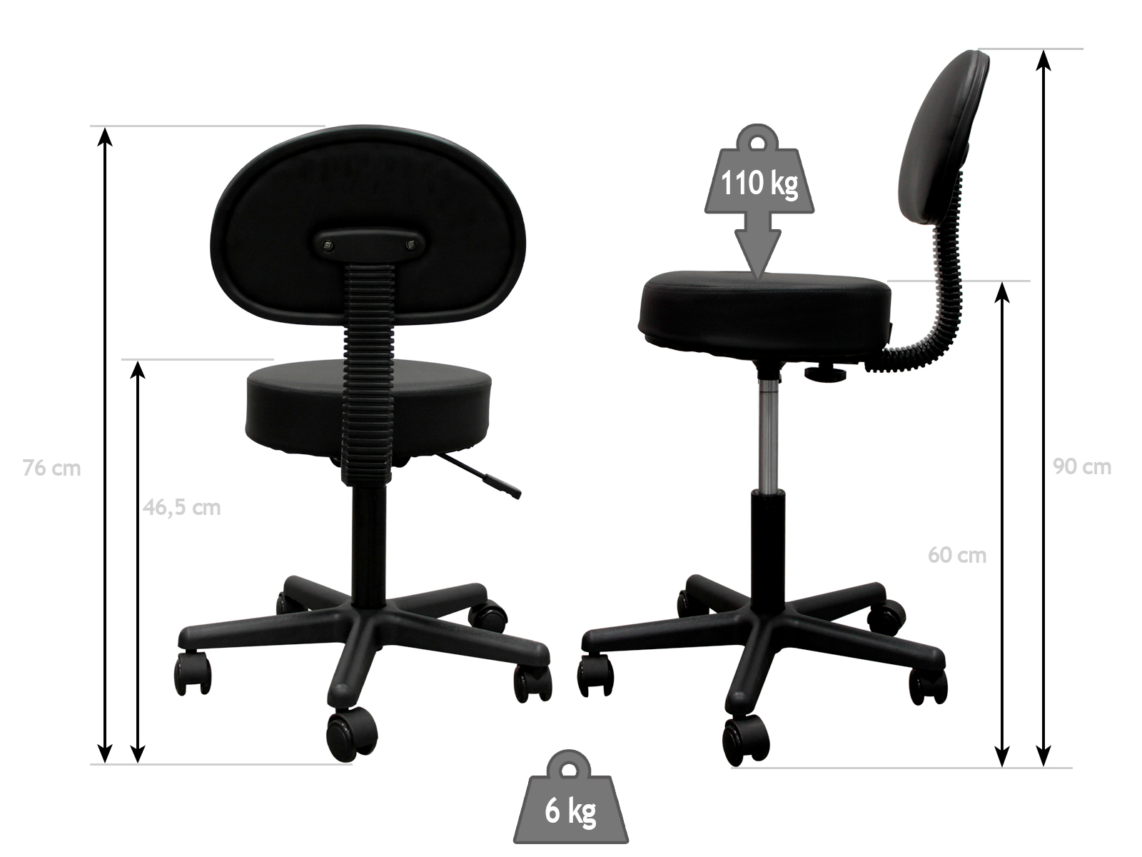 Dos sillas de oficina negras. Se proporcionan dimensiones y detalles de peso. Una silla soporta 110 kg, y la otra pesa 6 kg.