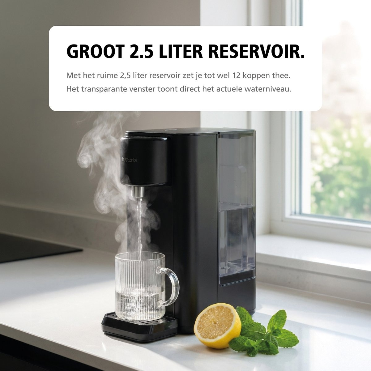 A black water dispenser with steam, a glass of water, a lemon, and mint leaves on a white counter. A window is in the background.