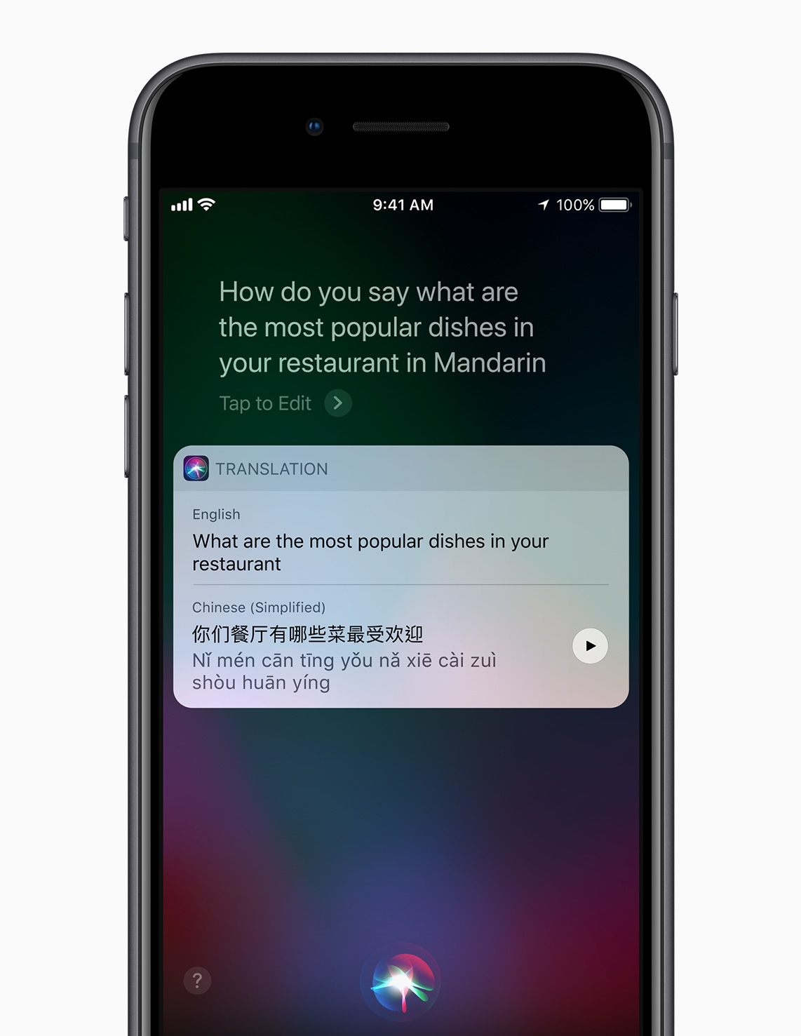 An iPhone screen shows a translation. The prompt is in English, Mandarin translation below. Siri logo at bottom.