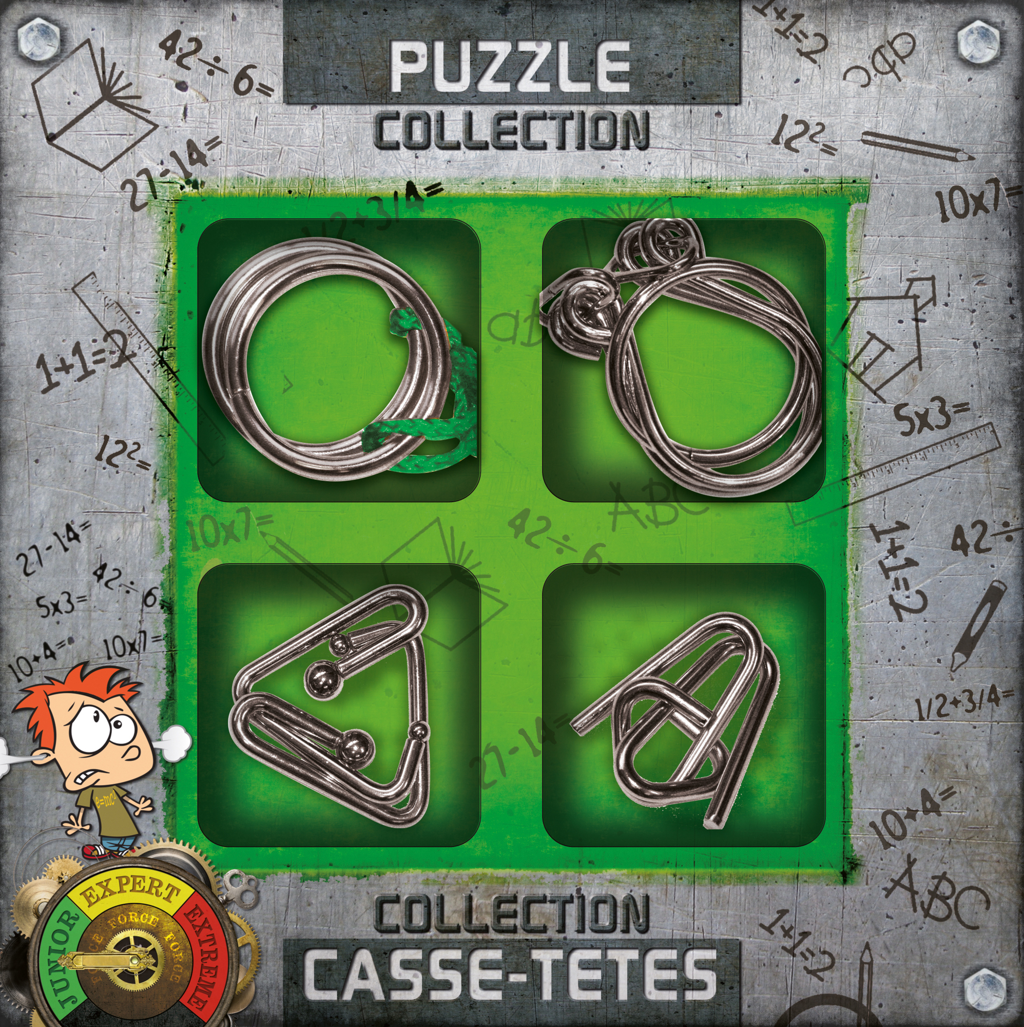 Collection de puzzles avec quatre puzzles en métal. Un garçon de dessin animé, des problèmes de maths et les mots sont visibles.