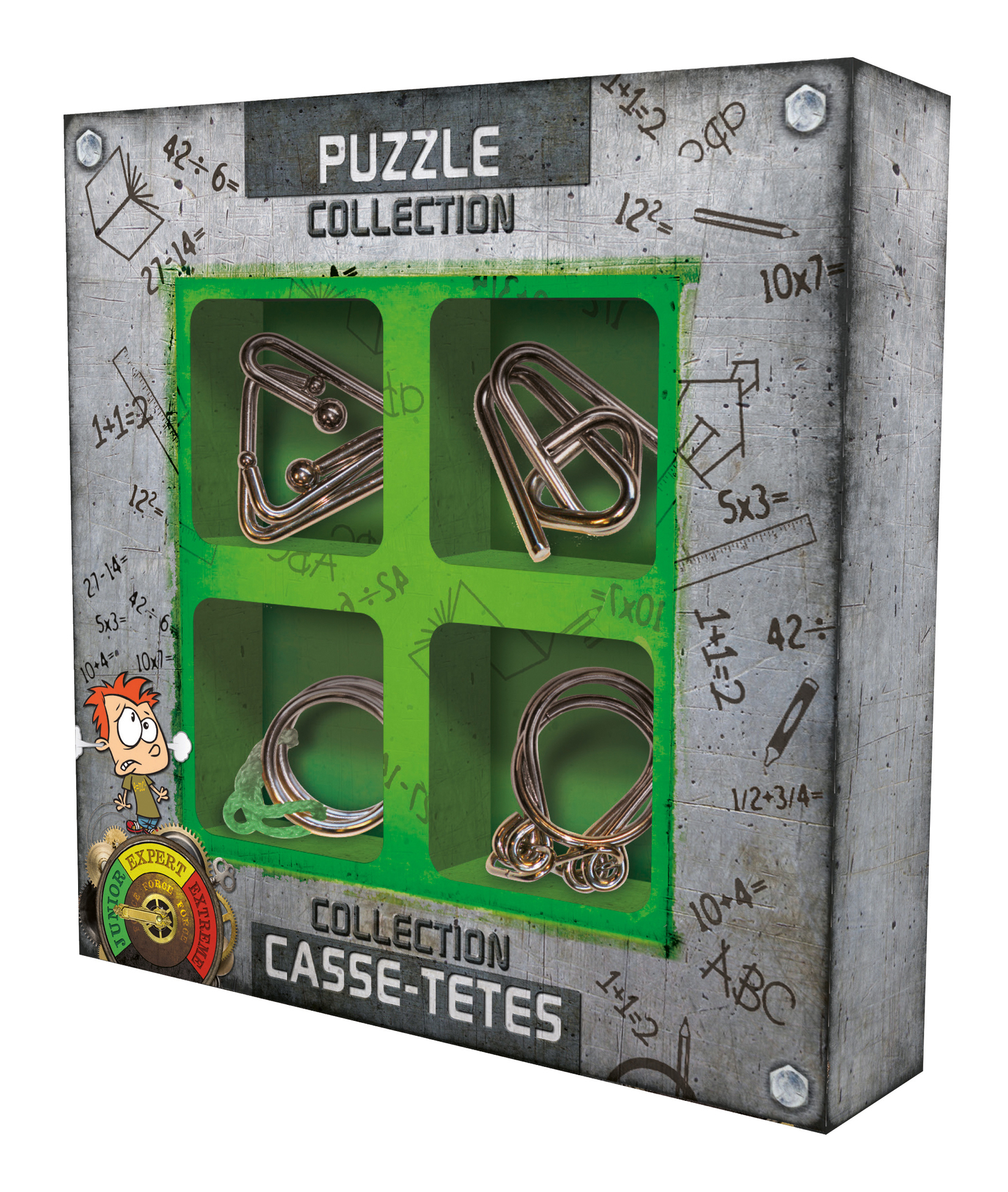 Boîte de collection de puzzles avec des puzzles en métal à l'intérieur. La boîte est grise avec des accents verts, des équations mathématiques et un personnage de dessin animé.