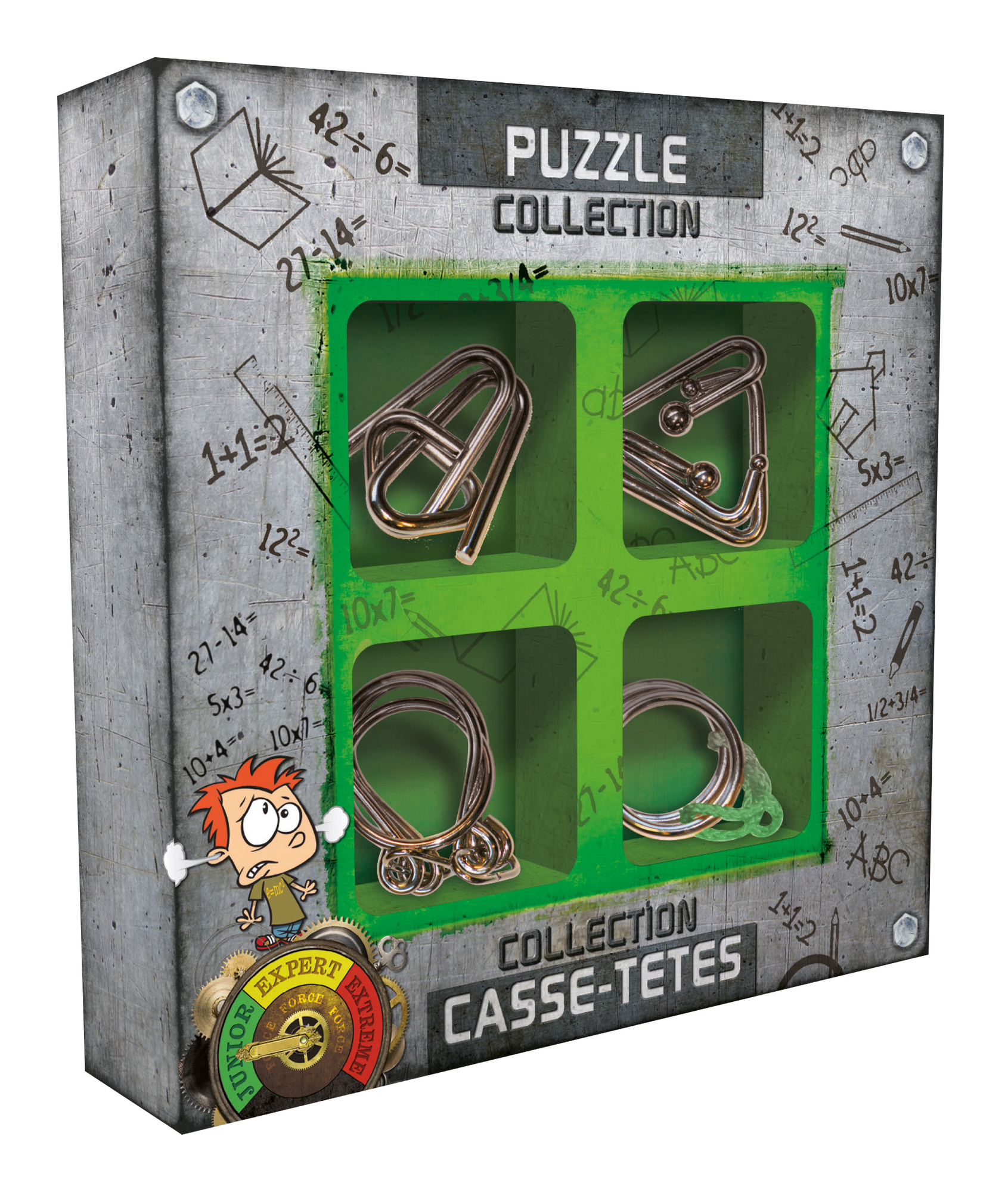 Boîte de puzzle avec des puzzles en métal. Contient des équations mathématiques et un garçon de dessin animé. La boîte dit 'Puzzle Collection' et 'Casse-Tetes'.