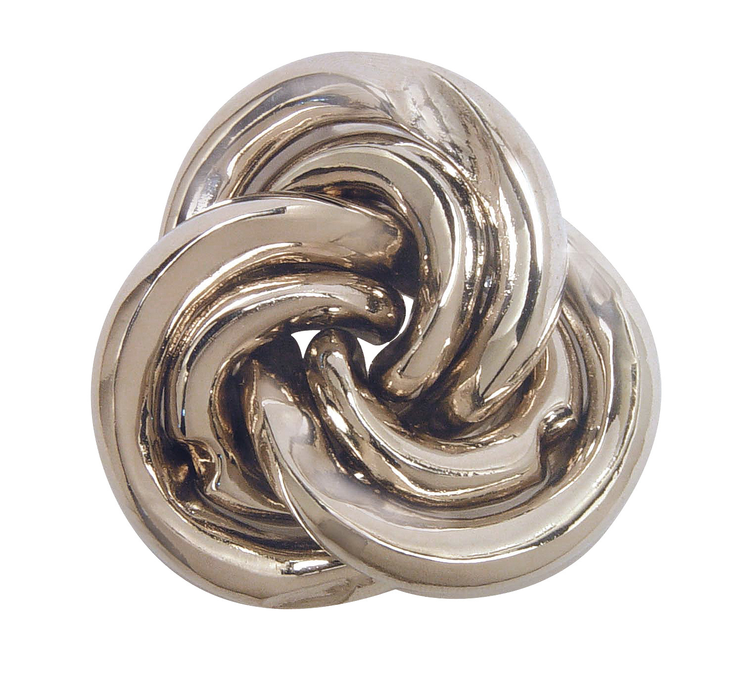 Metalowa układanka. Trzy zazębiające się, zakrzywione elementy tworzą kształt węzła. Elementy są błyszczące i odbijające światło.