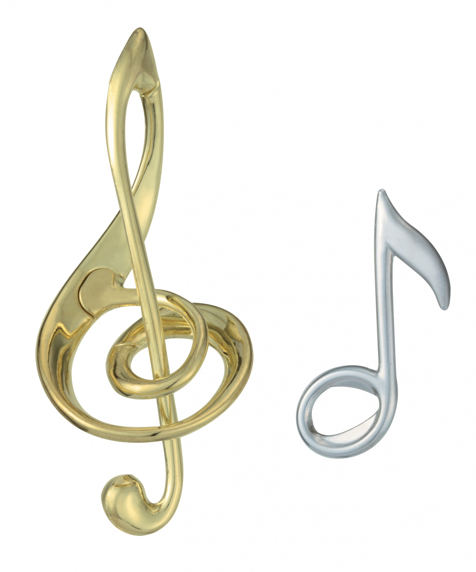 Złota klucz wiolinowy i srebrna ósemka na białym tle. Oba to symbole muzyczne.