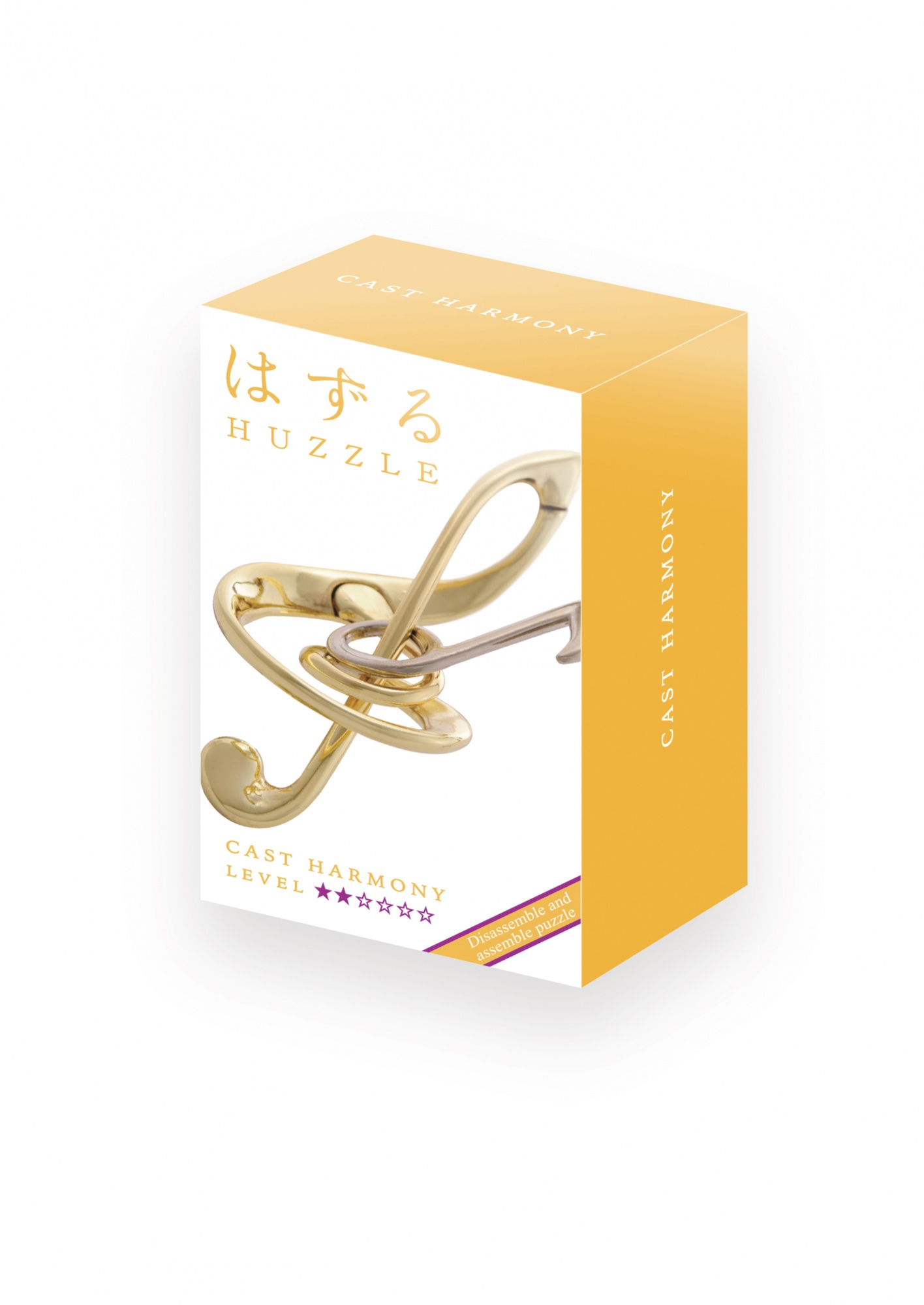 Pudełko z metalową układanką. Pudełko jest biało-złote, z napisem 'Cast Harmony' i 'Huzzle'. Układanka jest złota i srebrna.