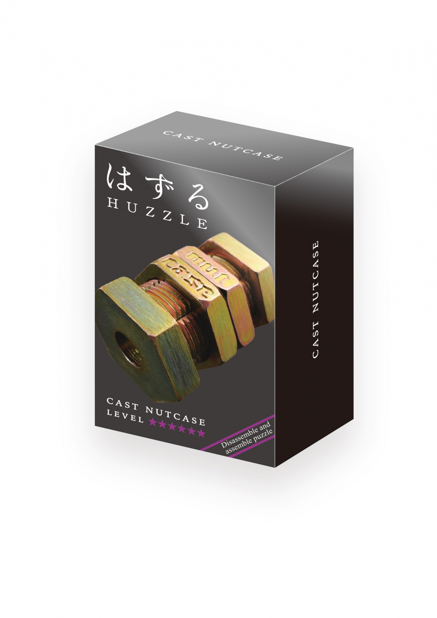 Pudełko z puzzlami o nazwie Cast Nutcase. Przedstawia metalową układankę ze śrub i nakrętek. Tekst w języku japońskim i angielskim.