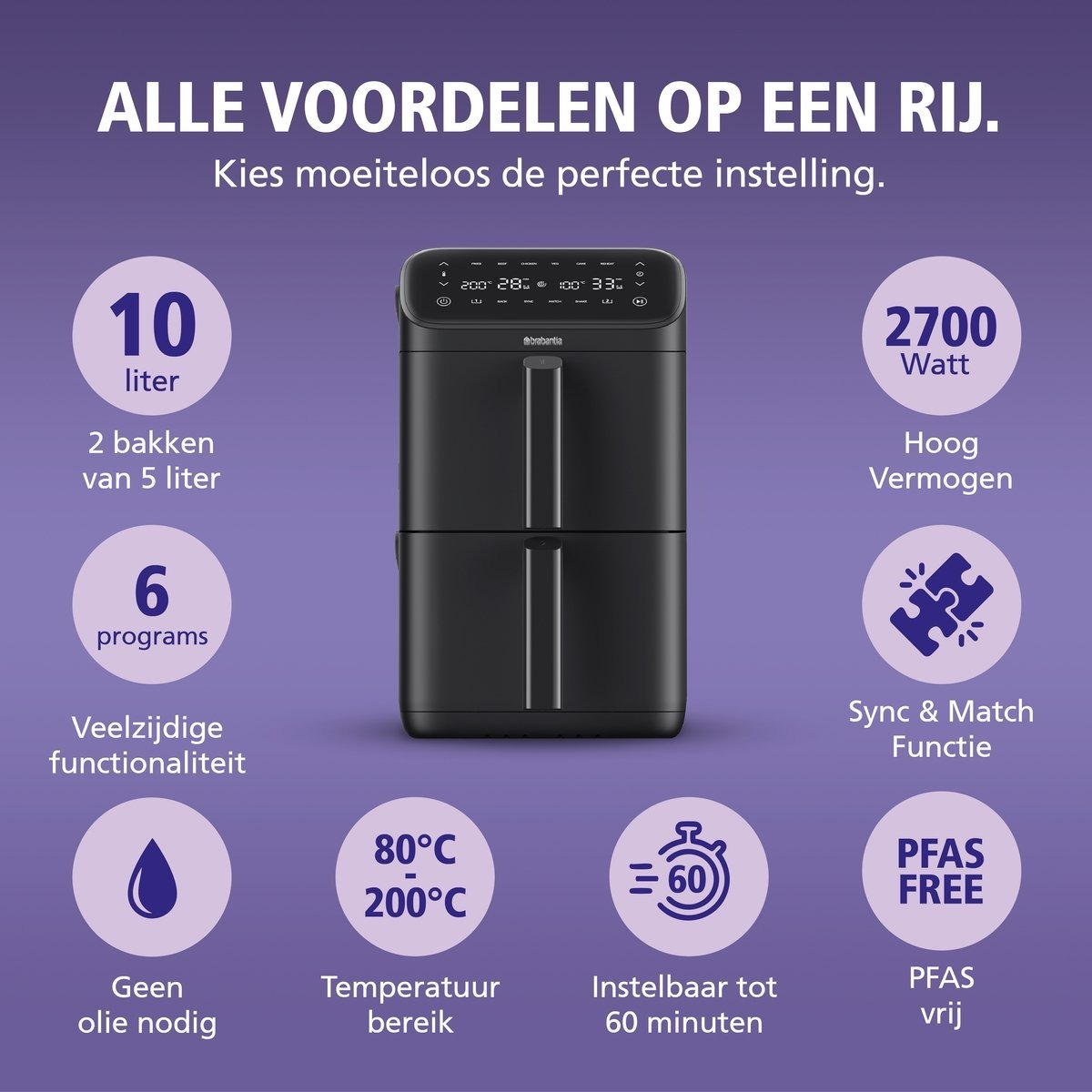Zwarte airfryer met 10 liter, 2700 watt, 6 programma's. PFAS-vrij, instelbaar tot 60 minuten.