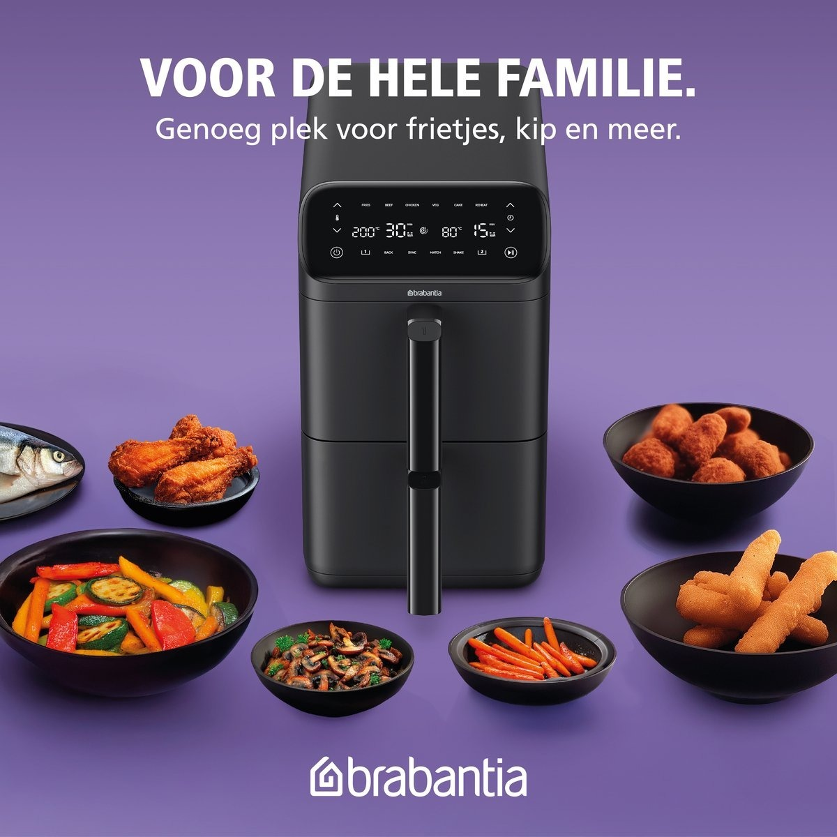 Zwarte airfryer met diverse etenswaren zoals vis, kip, groenten en snacks op een paarse achtergrond. 'Brabantia' logo.