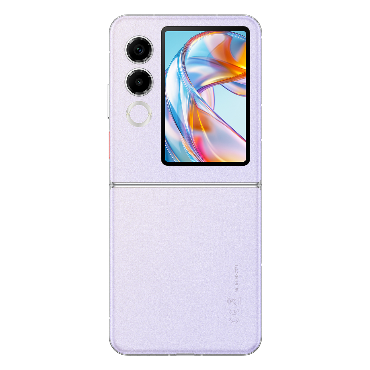 Złożony, fioletowy smartfon z dwoma aparatami, małym zewnętrznym wyświetlaczem i większym ekranem wewnętrznym.