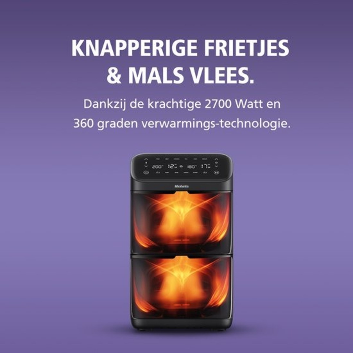 Zwarte airfryer met vurige binnenkant op paarse achtergrond, tekst: knapperige friet & mals vlees, 2700W en 360 graden verwarming.