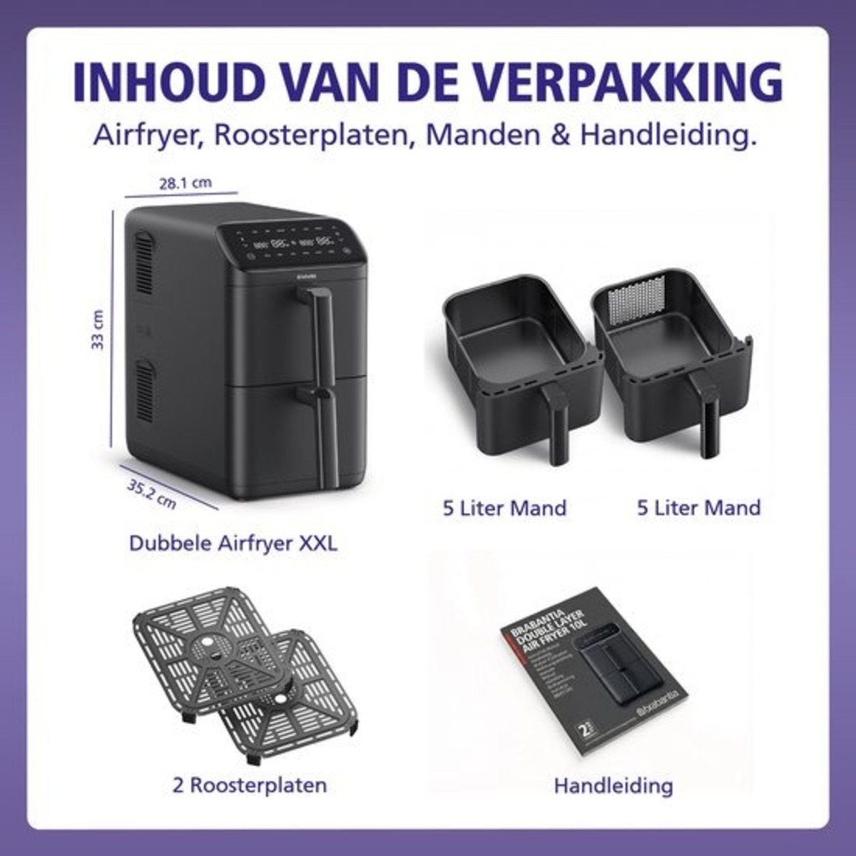 Luchtfriteuse, twee manden, twee grillplaten en een handleiding op paarse achtergrond. Afmetingen zichtbaar.