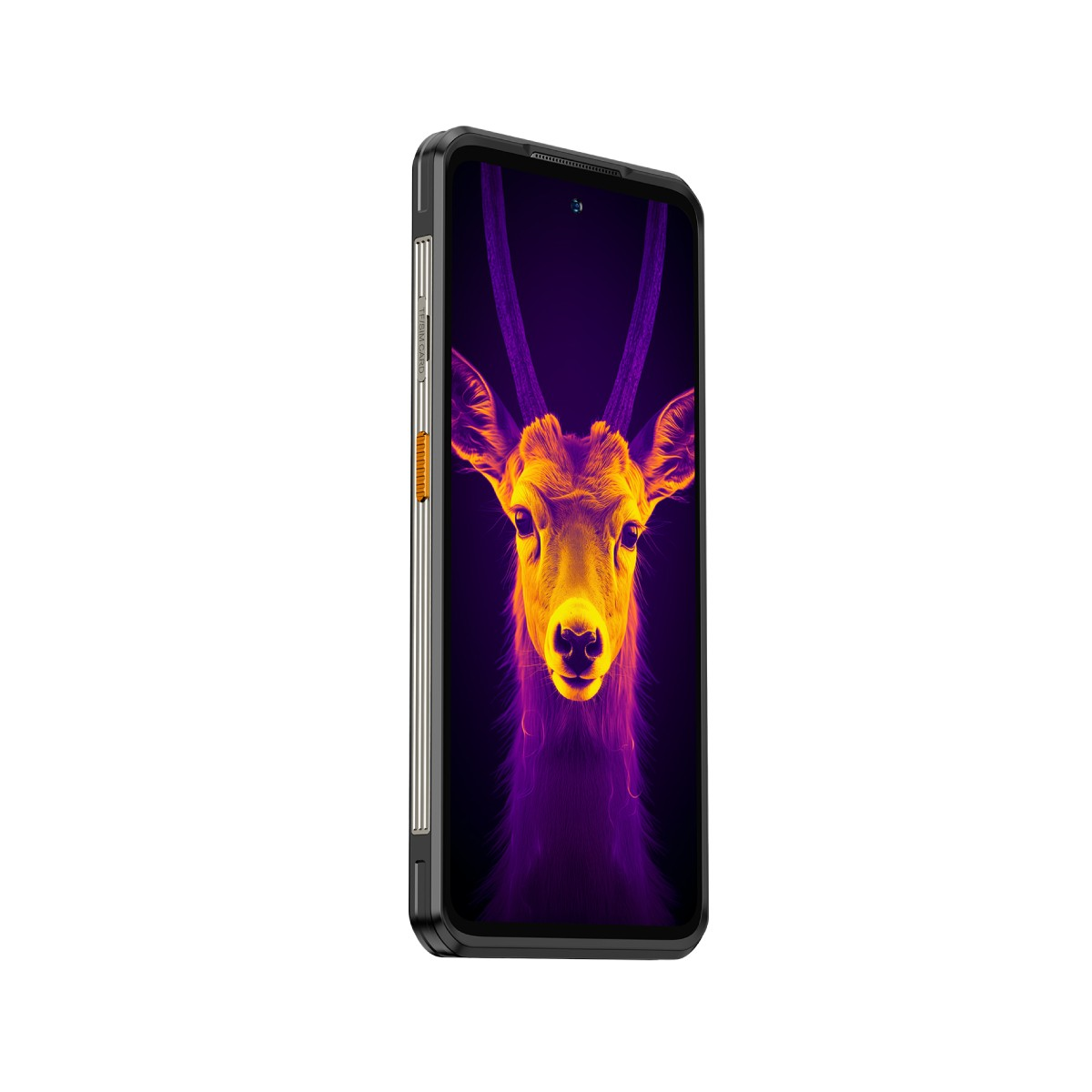 Smartfon z wizerunkiem jelenia na ekranie. Jeleń jest w odcieniach pomarańczu i fioletu. Telefon jest czarny ze srebrną obwódką.