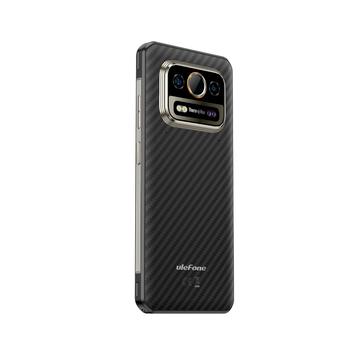 Czarny smartfon z tyłem z włókna węglowego i metalowym modułem kamery. Telefon jest oznaczony napisem 'ulefone'.
