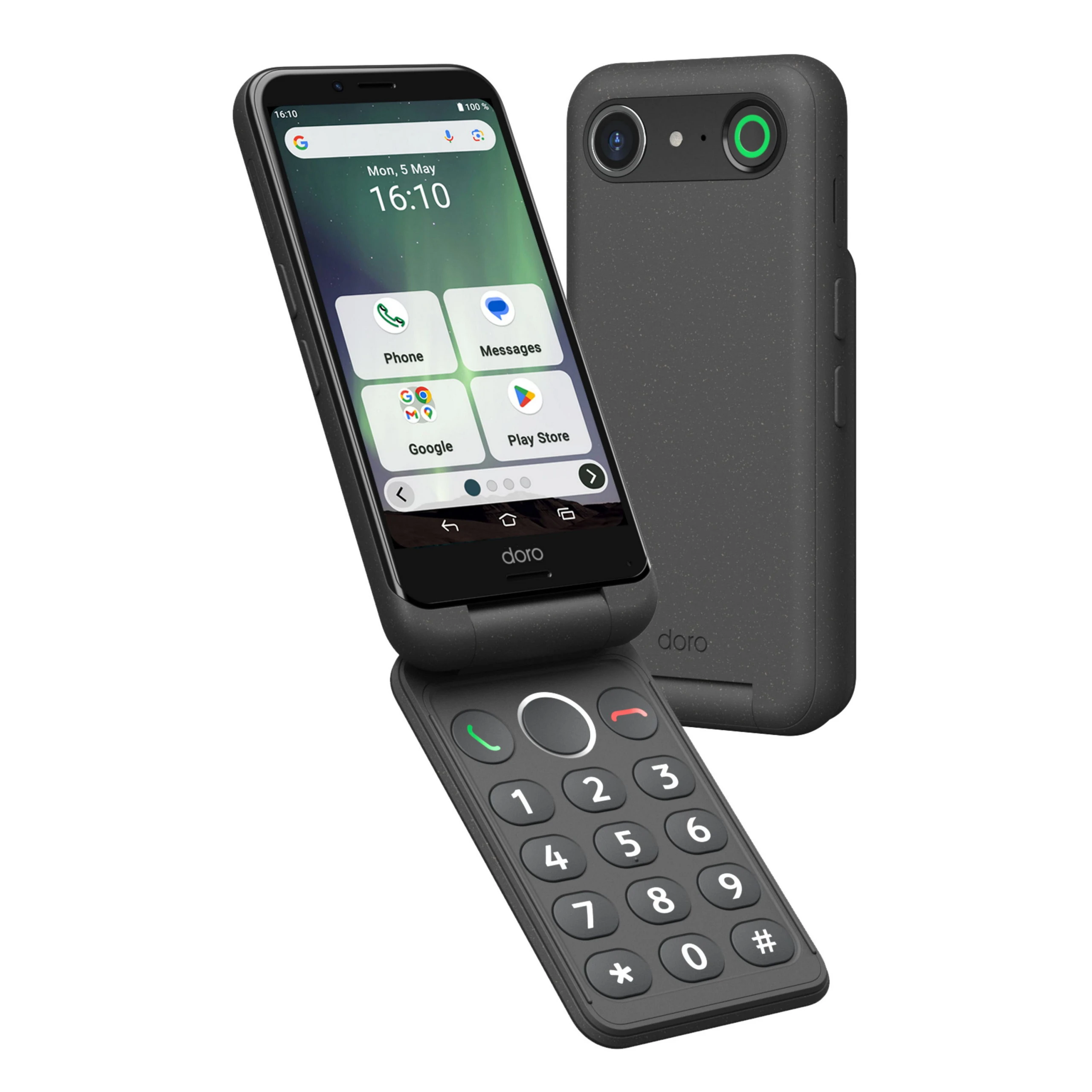 Un telefono a conchiglia nero con lo schermo aperto che mostra le app. Un secondo telefono è dietro. Lo sfondo è bianco.