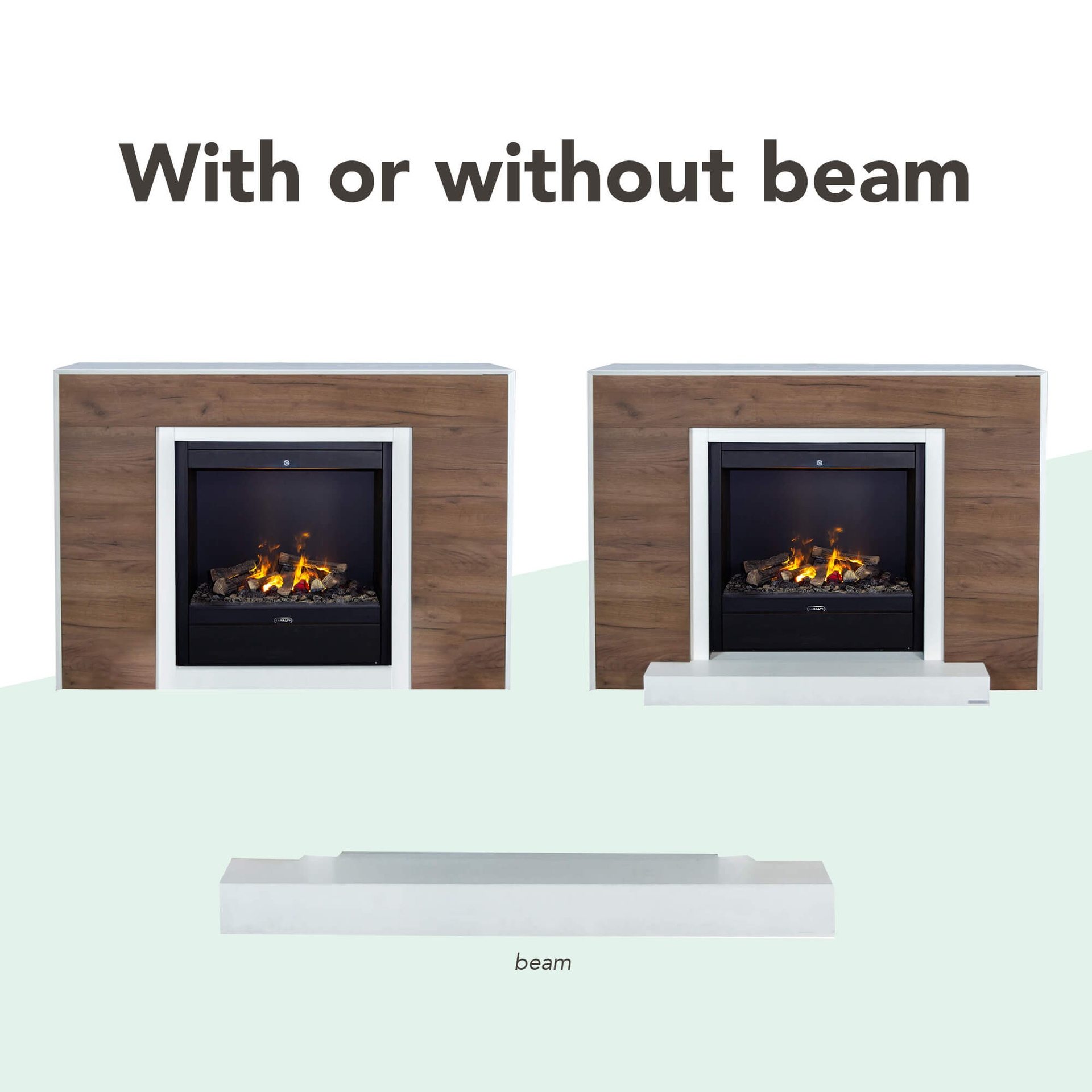 Afbeelding toont twee open haarden, één met en één zonder balk. Beide hebben vlammen en een houten omgeving.