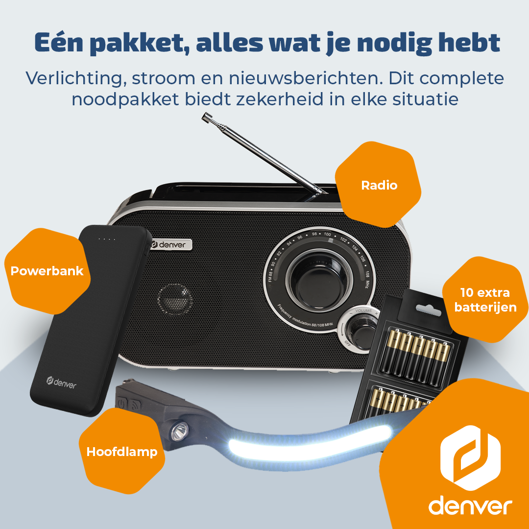 Image shows a radio, powerbank, headlamp, and batteries. Text on top says: One package, all you need. Denver logo is visible.