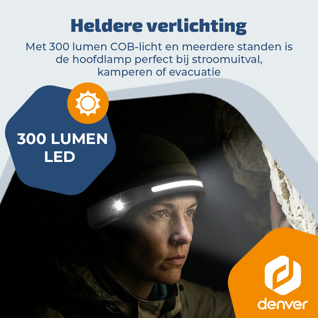 A woman wearing a headlamp in a dark environment. Text mentions 300 lumen LED and the brand 'denver'.