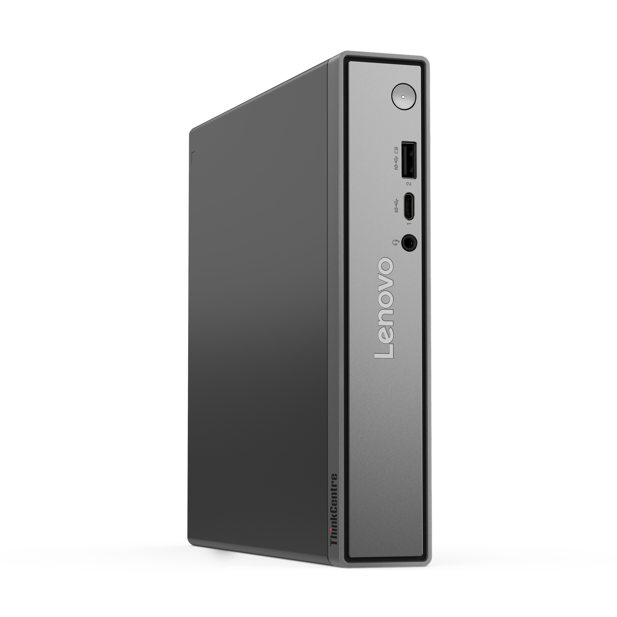 Komputer Lenovo ThinkCentre. Jest ciemnoszary z jasnoszarym panelem przednim. Widoczne porty i przycisk zasilania. Etykiety Lenovo i ThinkCentre.