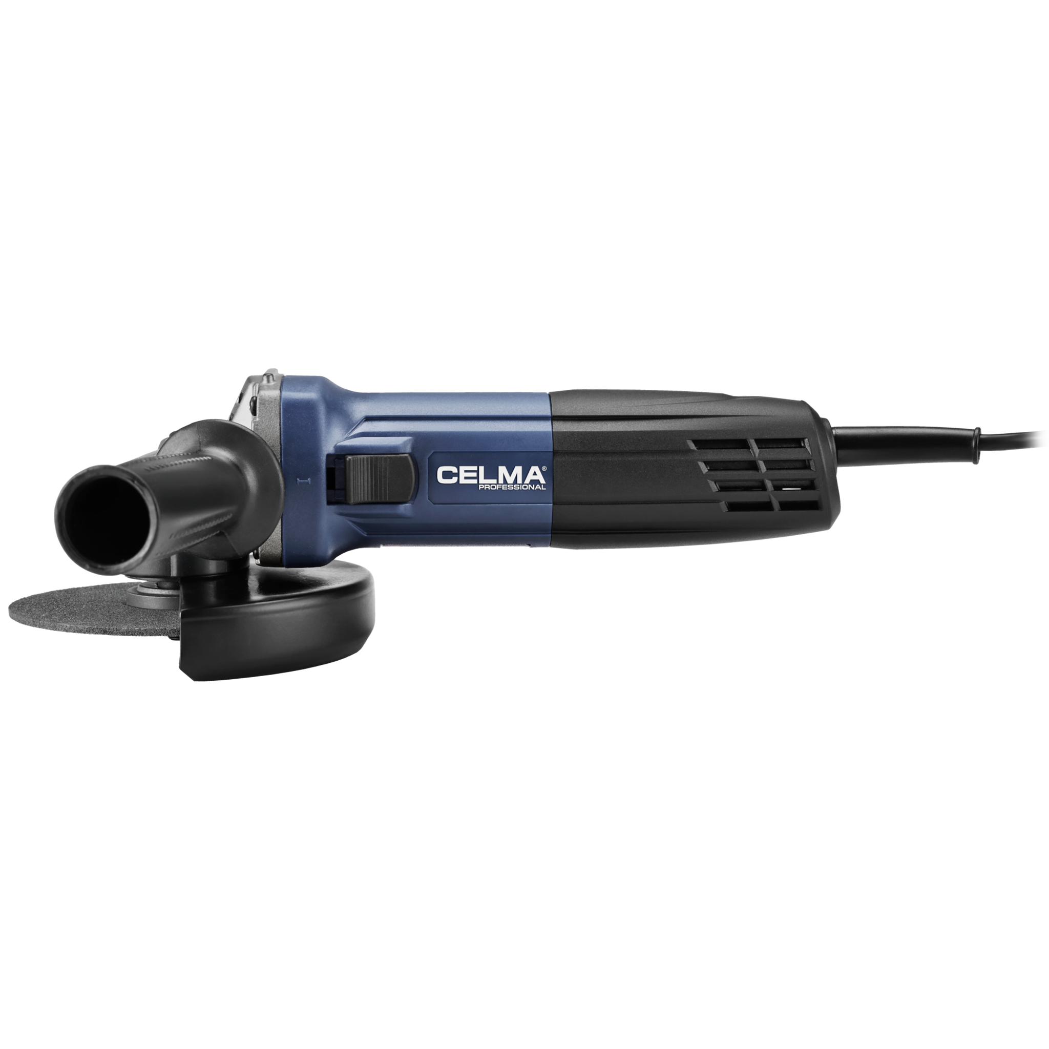 Niebiesko-czarna szlifierka kątowa z tarczą szlifierską, czarnym uchwytem i czarnym przewodem zasilającym.