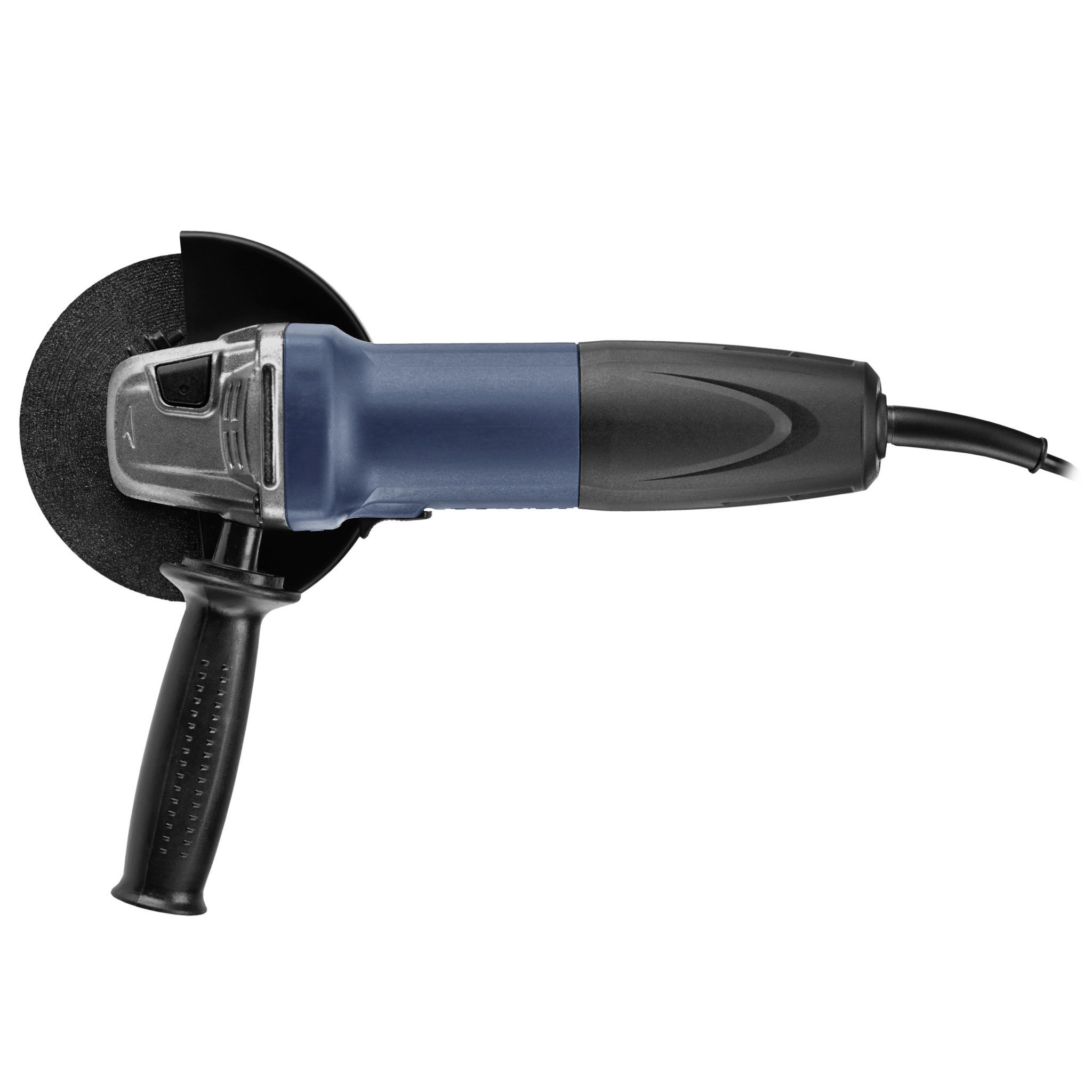 Szlifierka kątowa z czarną tarczą szlifierską i niebiesko-czarnym korpusem. Widoczny czarny uchwyt i przewód zasilający.