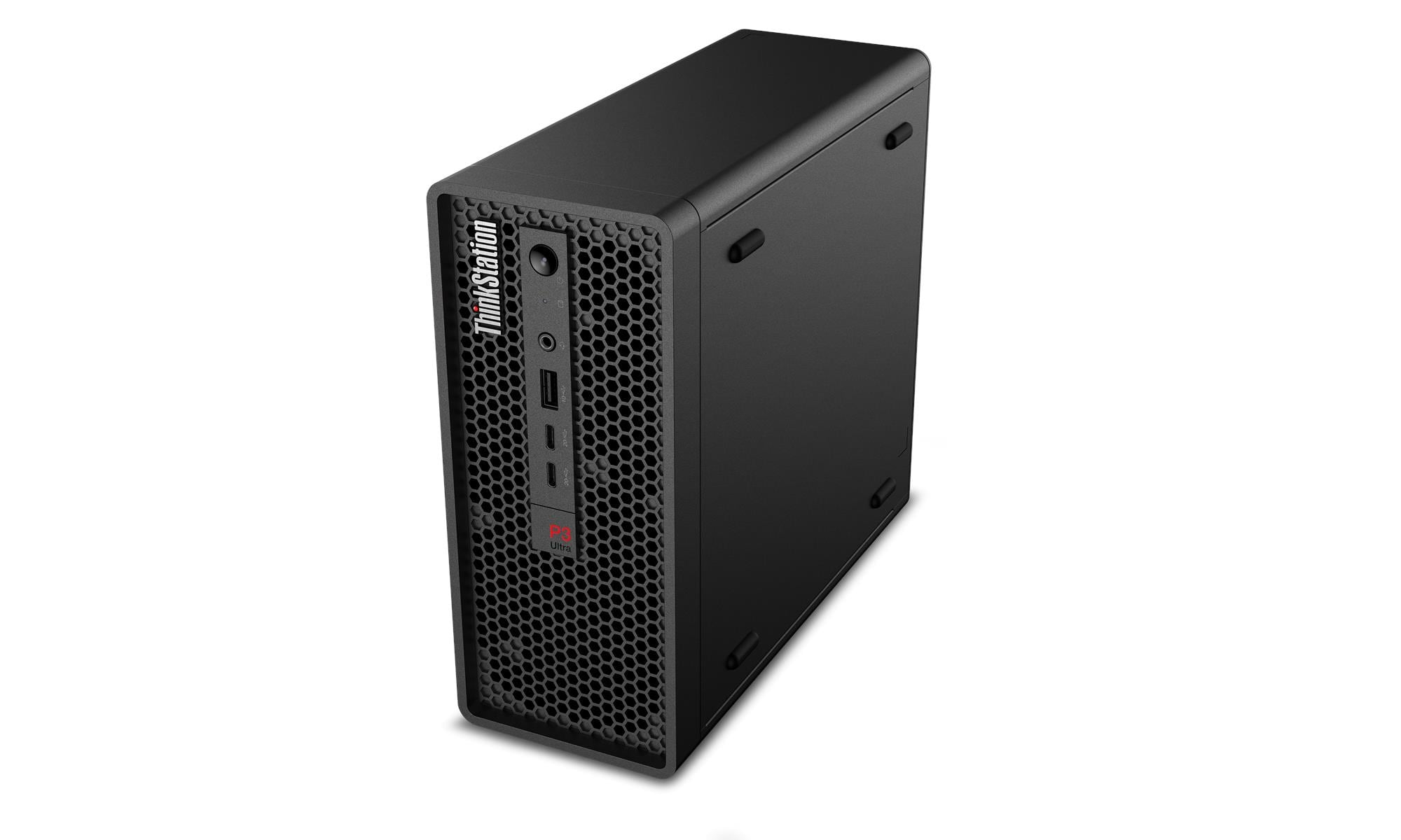 Czarna wieża komputera ThinkStation. Ma przedni panel o strukturze plastra miodu i różne porty. Widoczna nazwa marki.