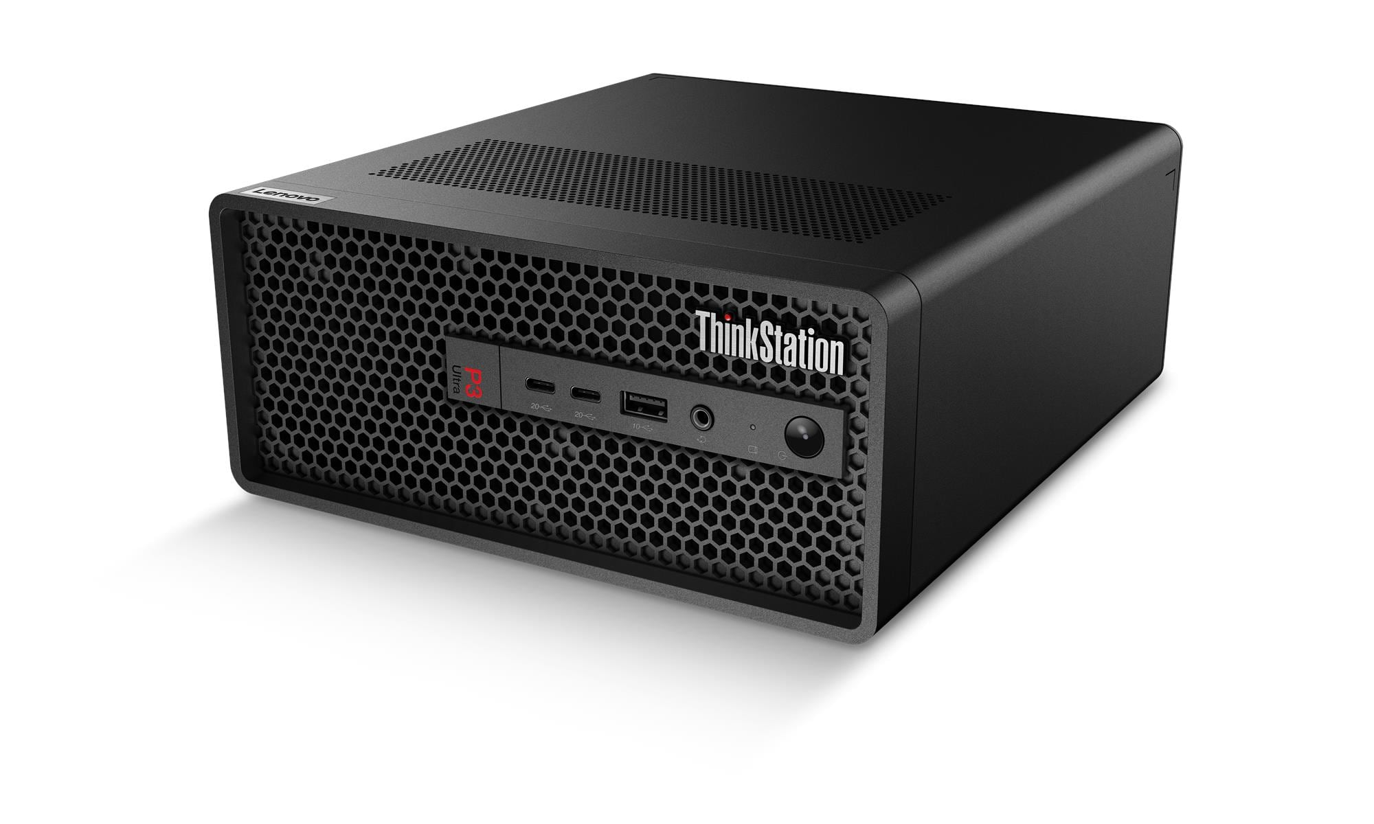 Czarny komputer ThinkStation z przednim panelem o strukturze plastra miodu. Posiada logo Lenovo, a porty są widoczne z przodu.