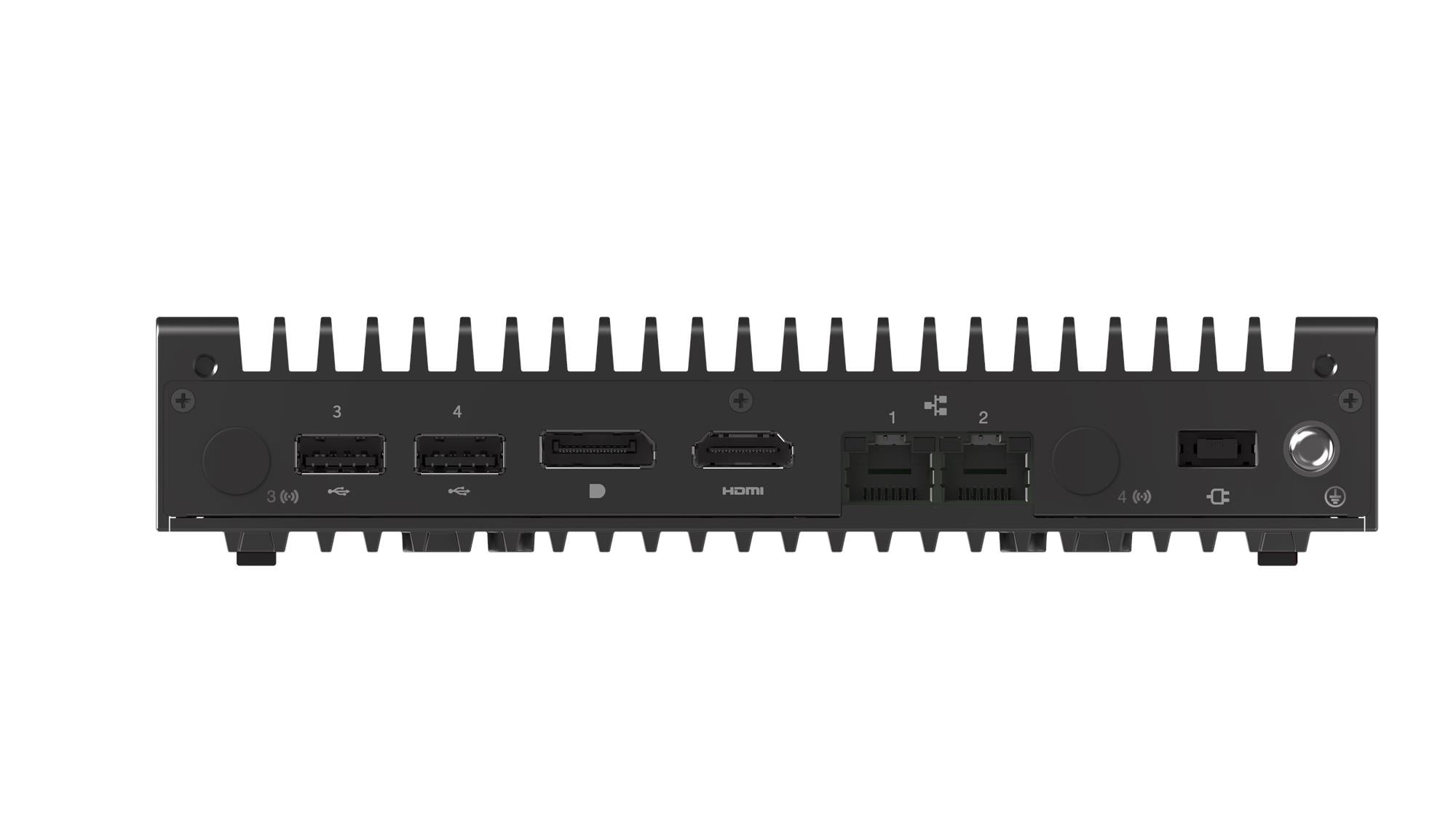 Componente per computer nero con porte HDMI, USB ed ethernet. Ha una parte superiore a coste. Varie porte e punti di connessione.