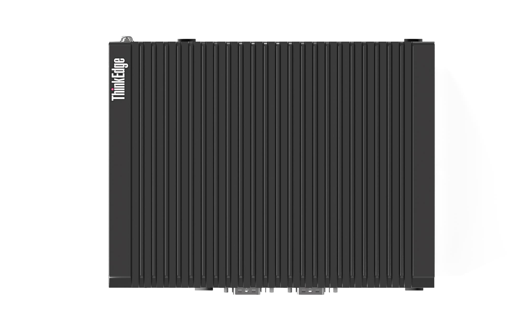 Un server ThinkEdge grigio scuro. Ha linee verticali e il logo ThinkEdge su un lato. Lo sfondo è bianco.