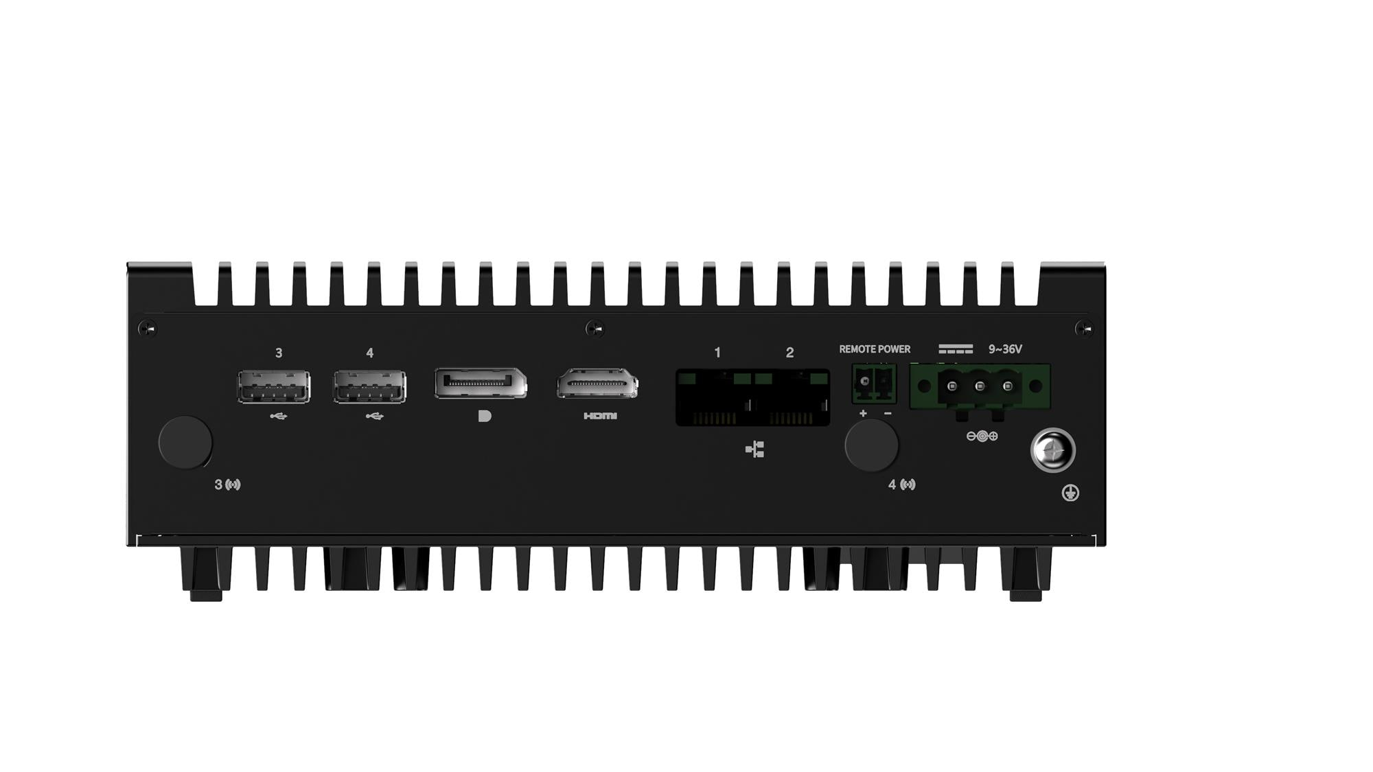 Dispositivo elettronico nero con più porte etichettate HDMI, USB e ingressi di alimentazione. Ha delle alette.