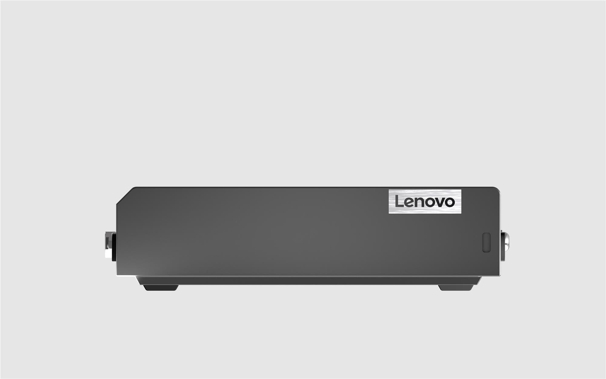 Un computer desktop Lenovo grigio scuro. Ha un logo Lenovo e si trova su uno sfondo bianco.