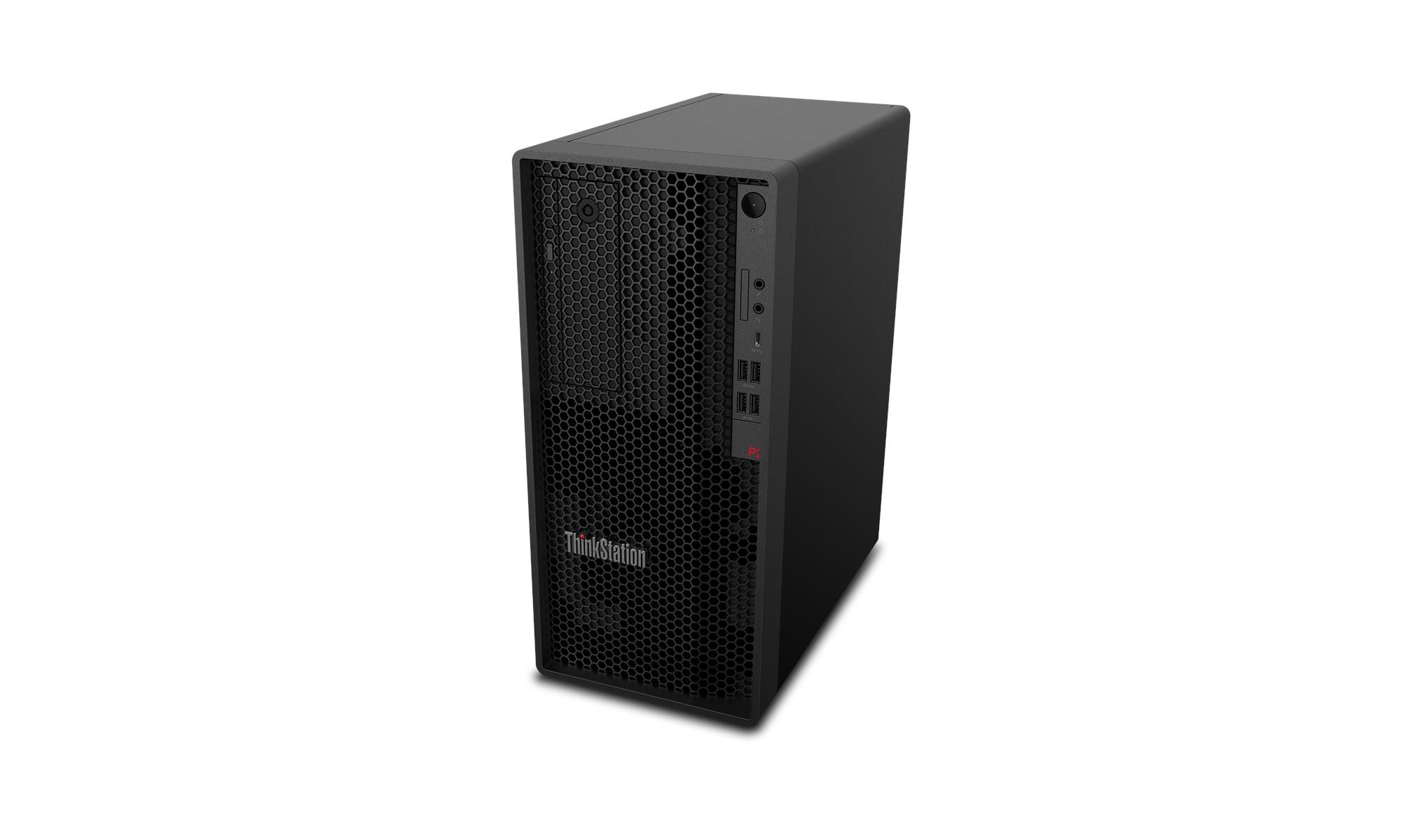 Computer Lenovo ThinkStation nero. Ha una parte anteriore a nido d'ape e varie porte. Lo sfondo è bianco.