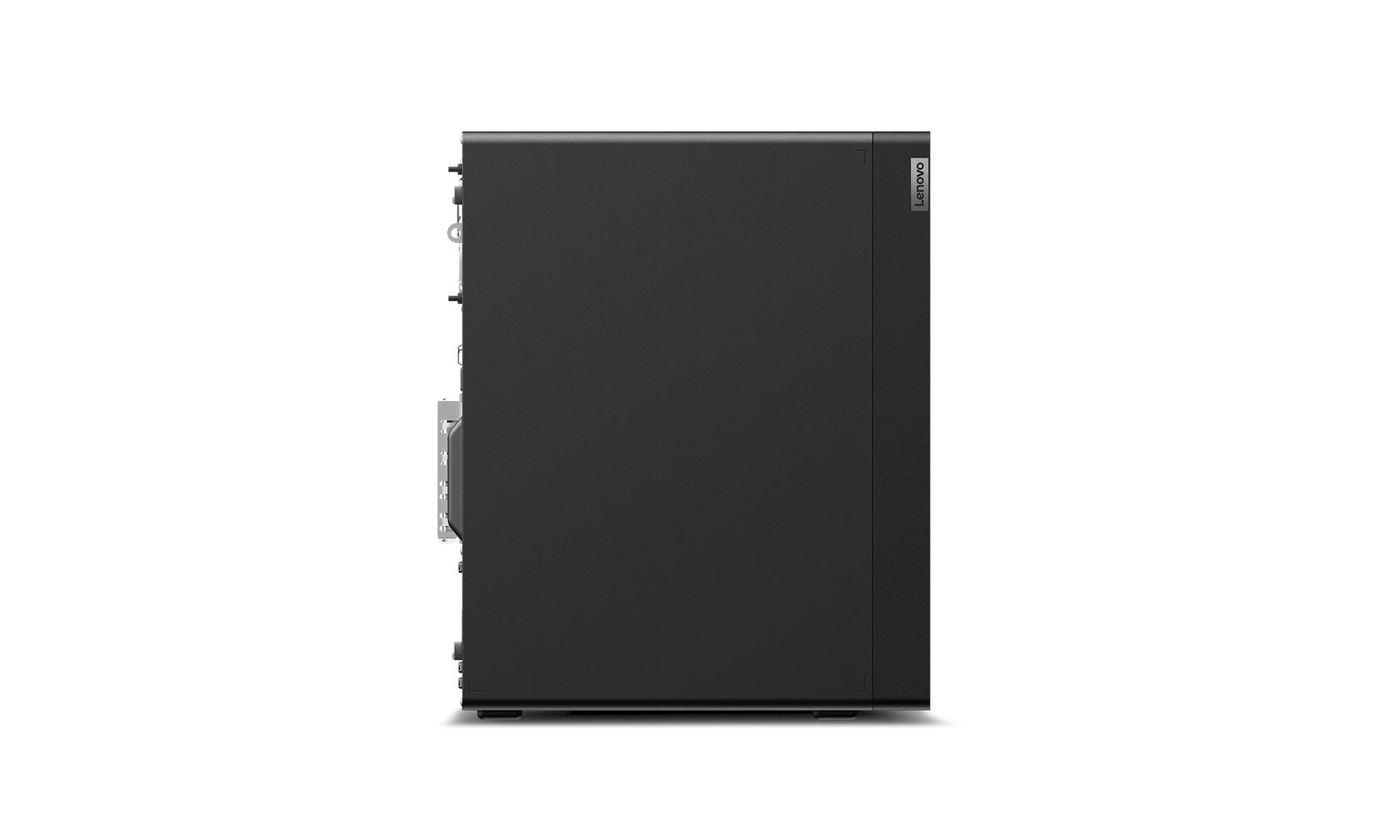 Un computer desktop Lenovo nero su sfondo bianco. La vista laterale mostra il logo Lenovo.