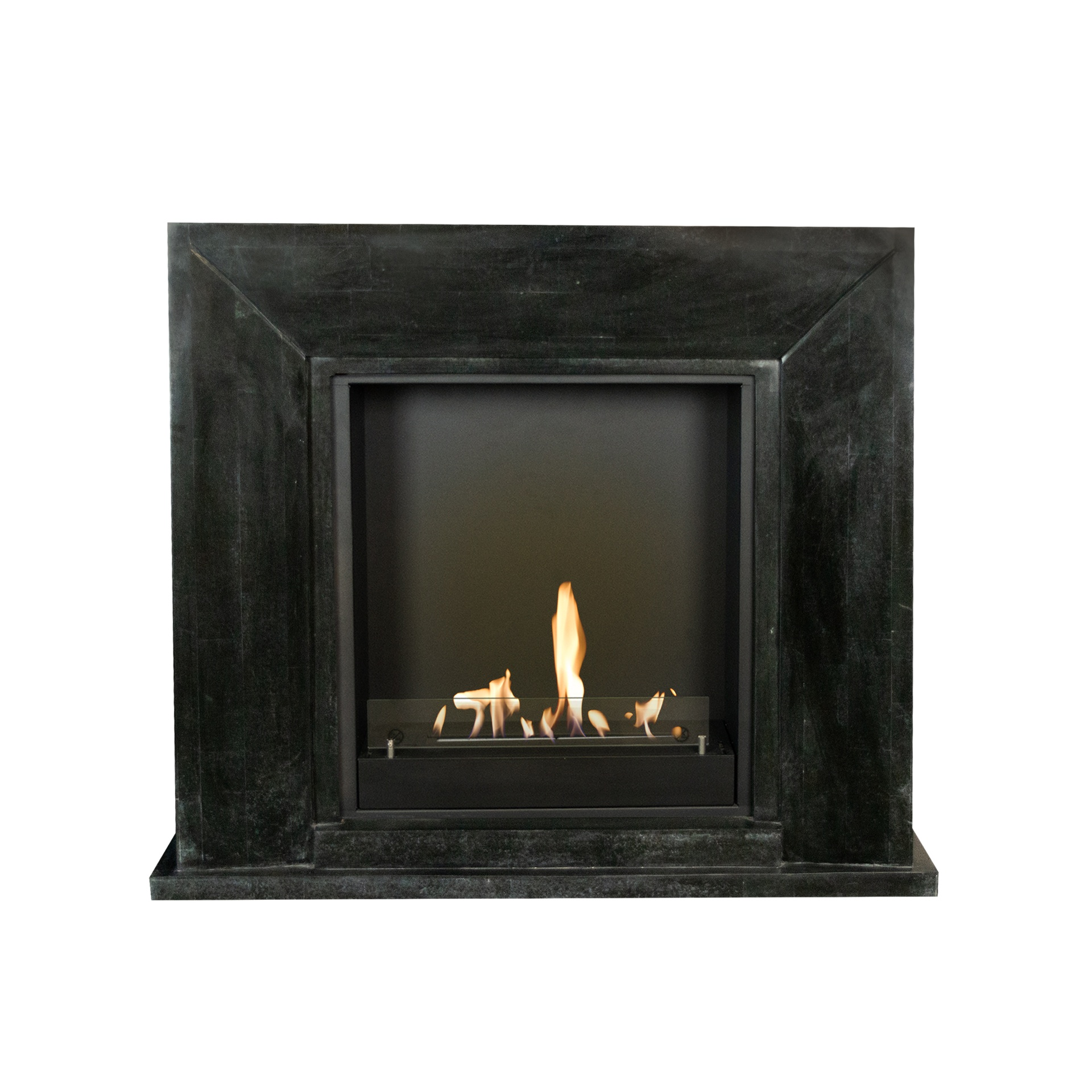 A dark green fireplace with a fire burning inside. The background is white.