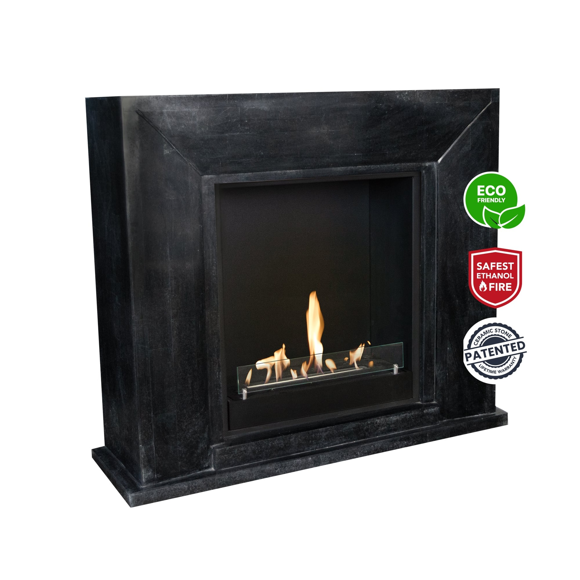 Black fireplace with flames, glass screen, and logos for eco-friendly, safest ethanol fire, and patented ceramic stone.