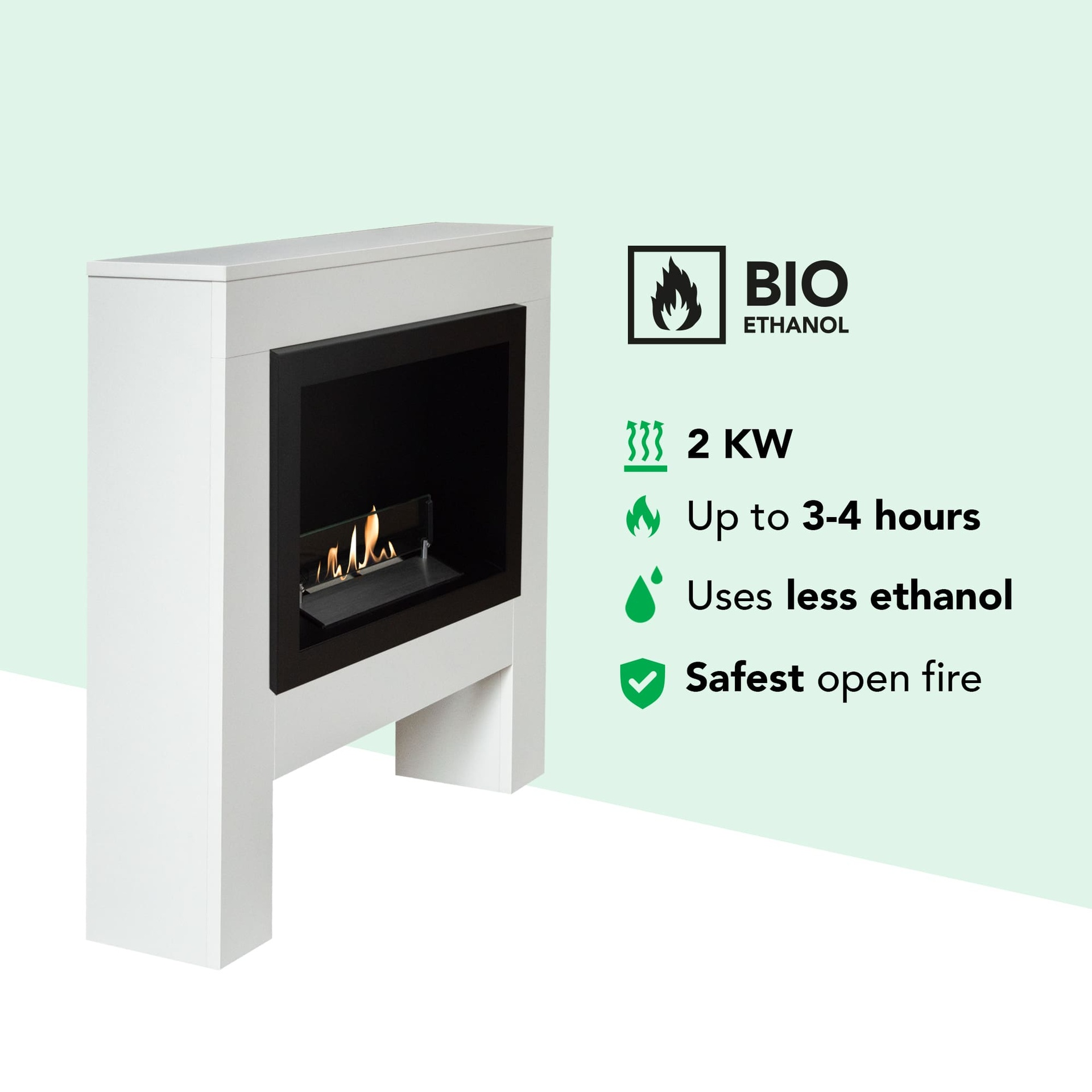 Witte bio-ethanol haard met zwart interieur. Groene iconen met tekst: 2 KW, 3-4 uur, gebruikt minder ethanol, veiligste open vuur.