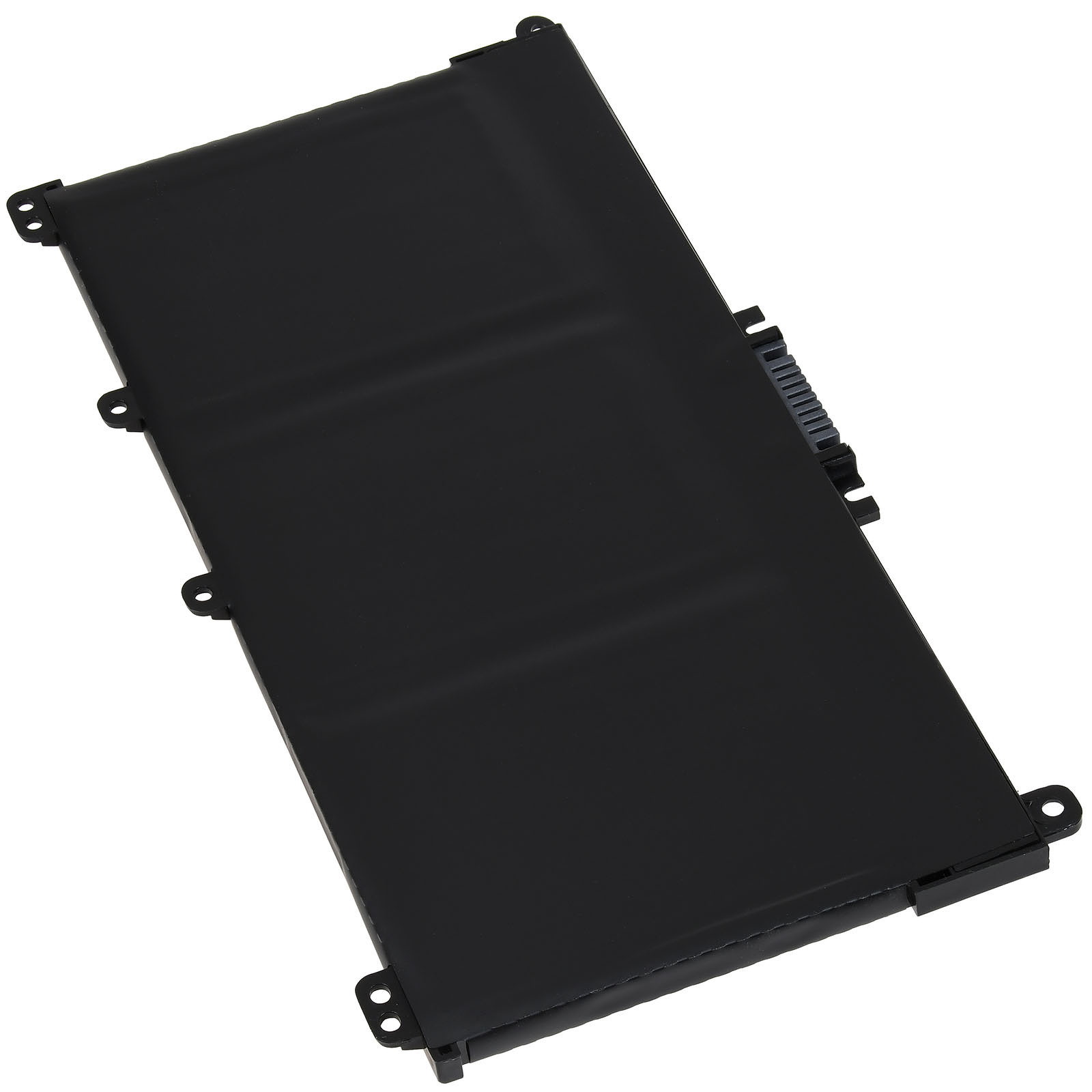 Una batería negra de portátil sobre fondo blanco. Tiene forma rectangular con bordes redondeados.
