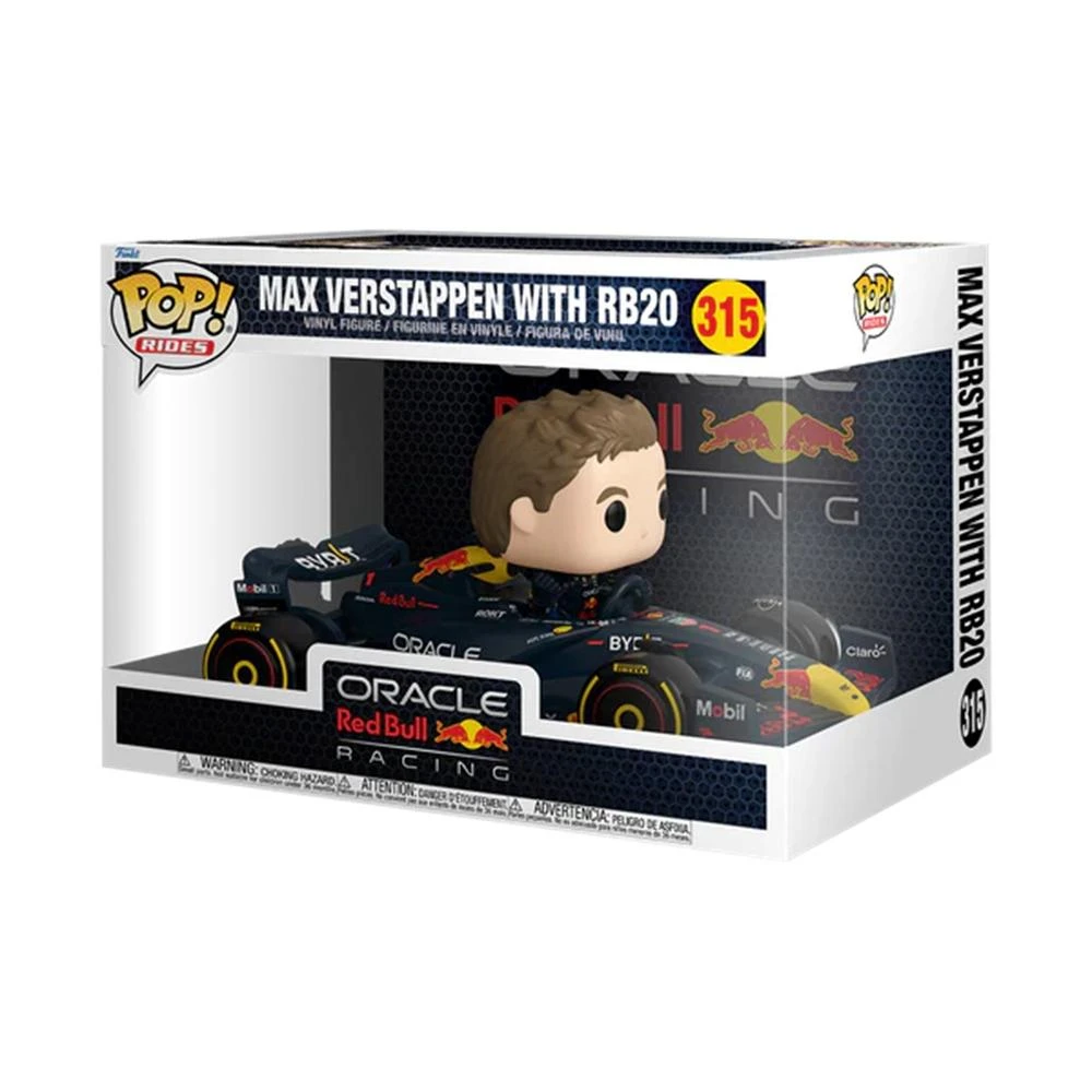 Una figura Pop! Rides de Max Verstappen en un coche RB20 de Fórmula 1, en una caja expositora. El coche es negro, con logos de Oracle y Red Bull.
